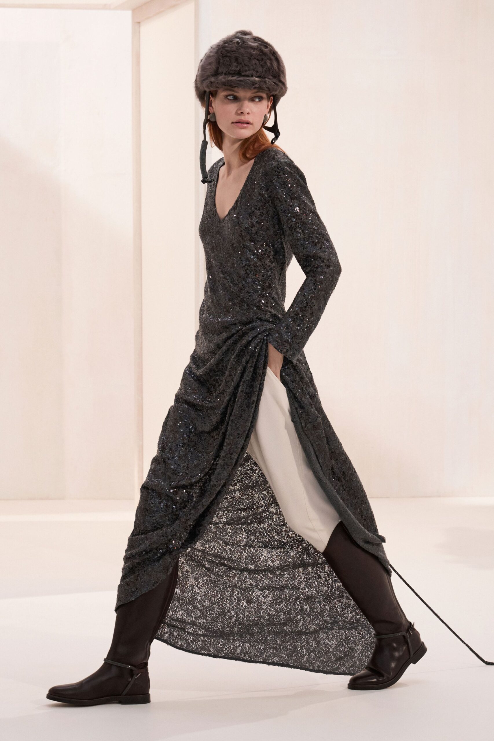 black sequin long-sleeve v-neck fitted draped pockets dress