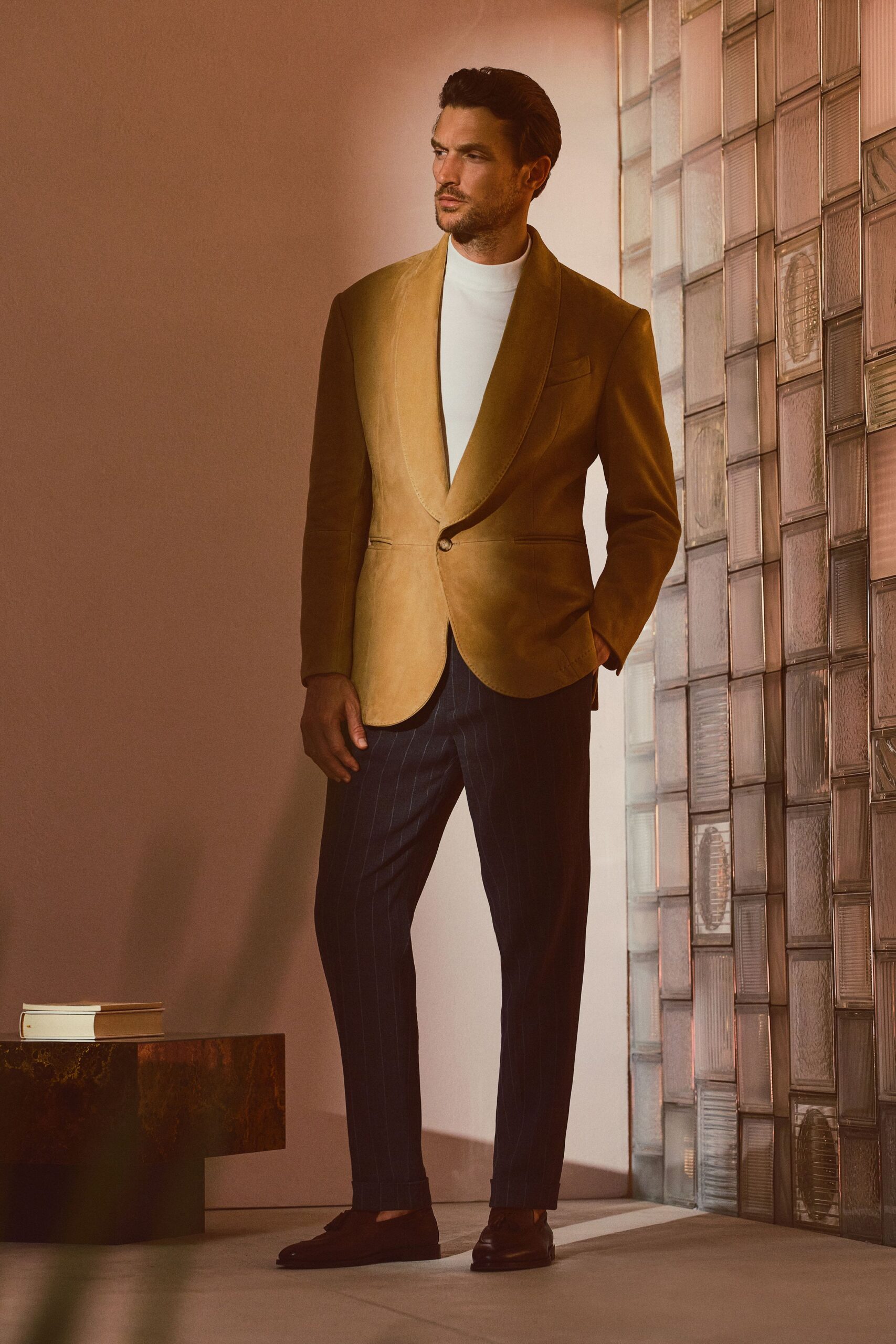 blue wool slim striped pants