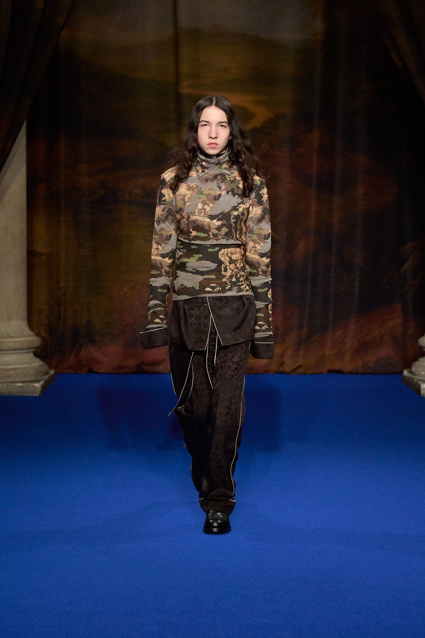 fitted camouflage top with relaxed pants