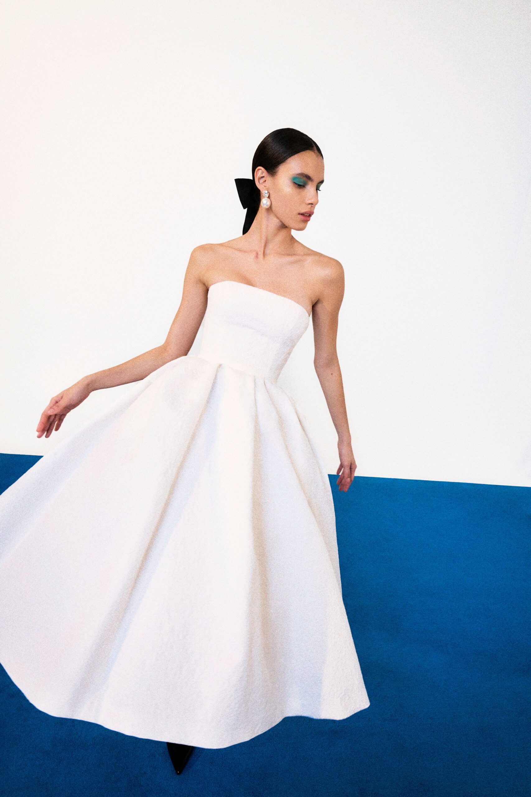 white cotton strapless fitted a-line maxi gown