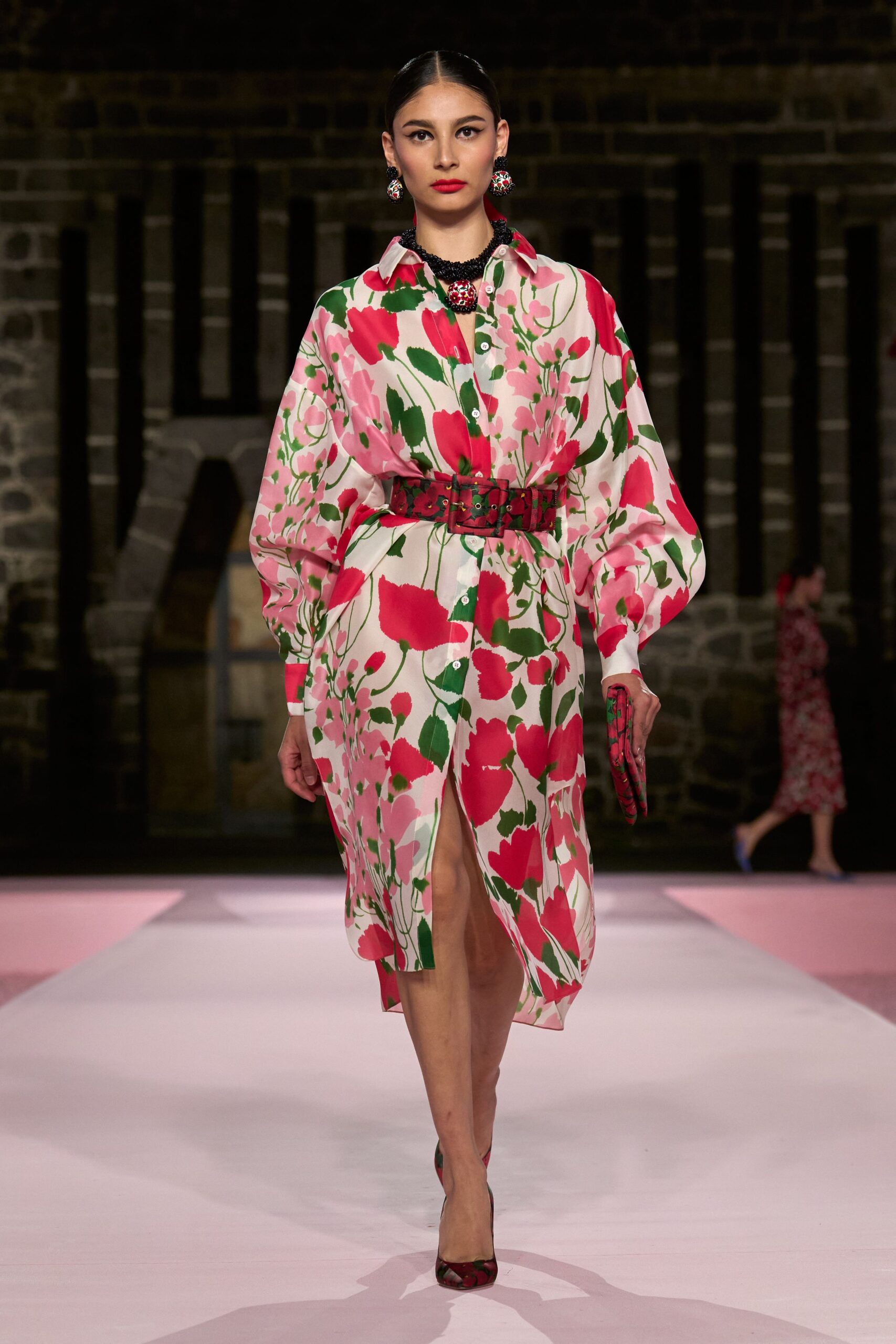 pink cotton long-sleeve collared relaxed floral buttoned shirt-dress