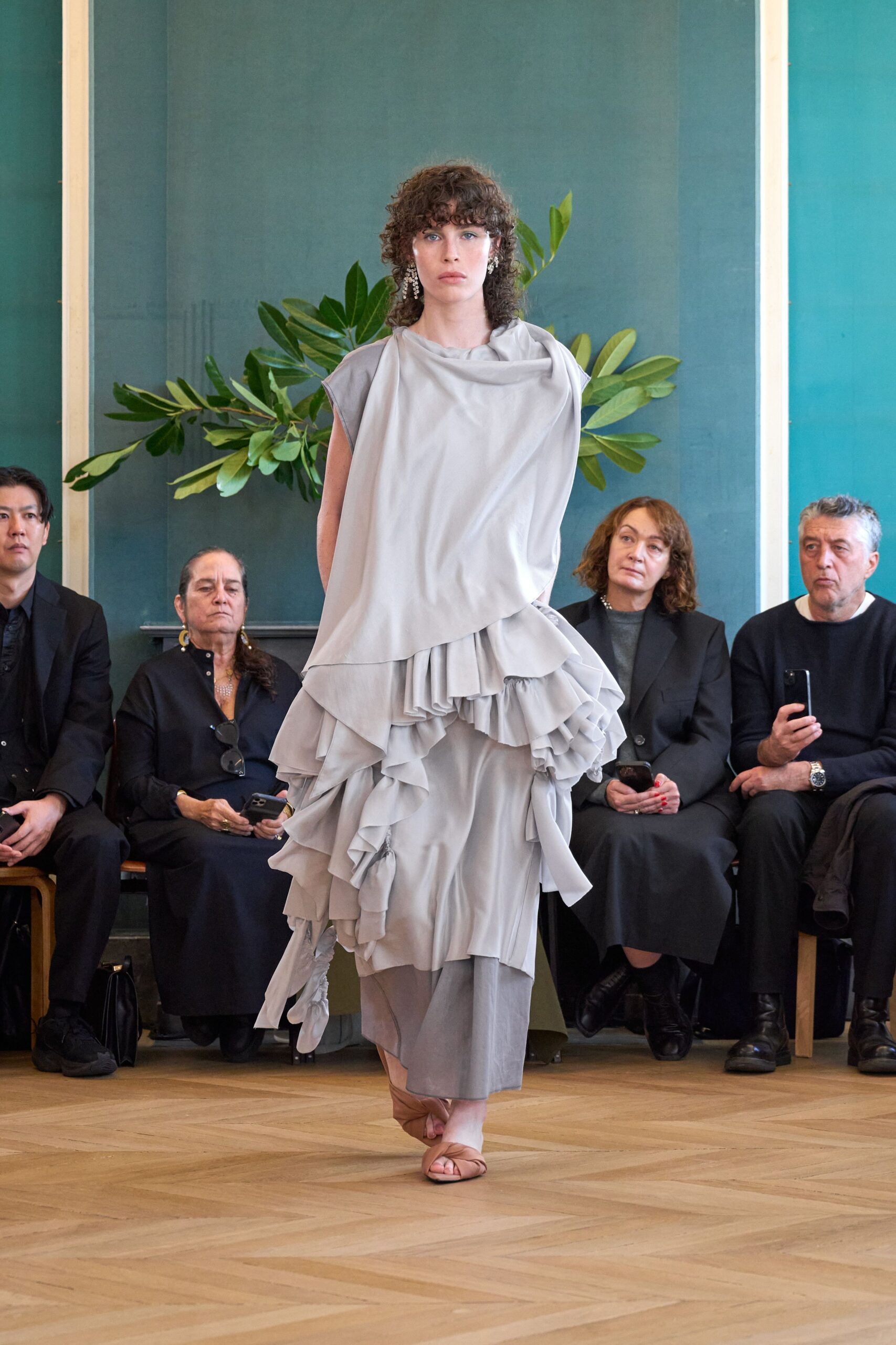 gray ruffled midi dress with sandals