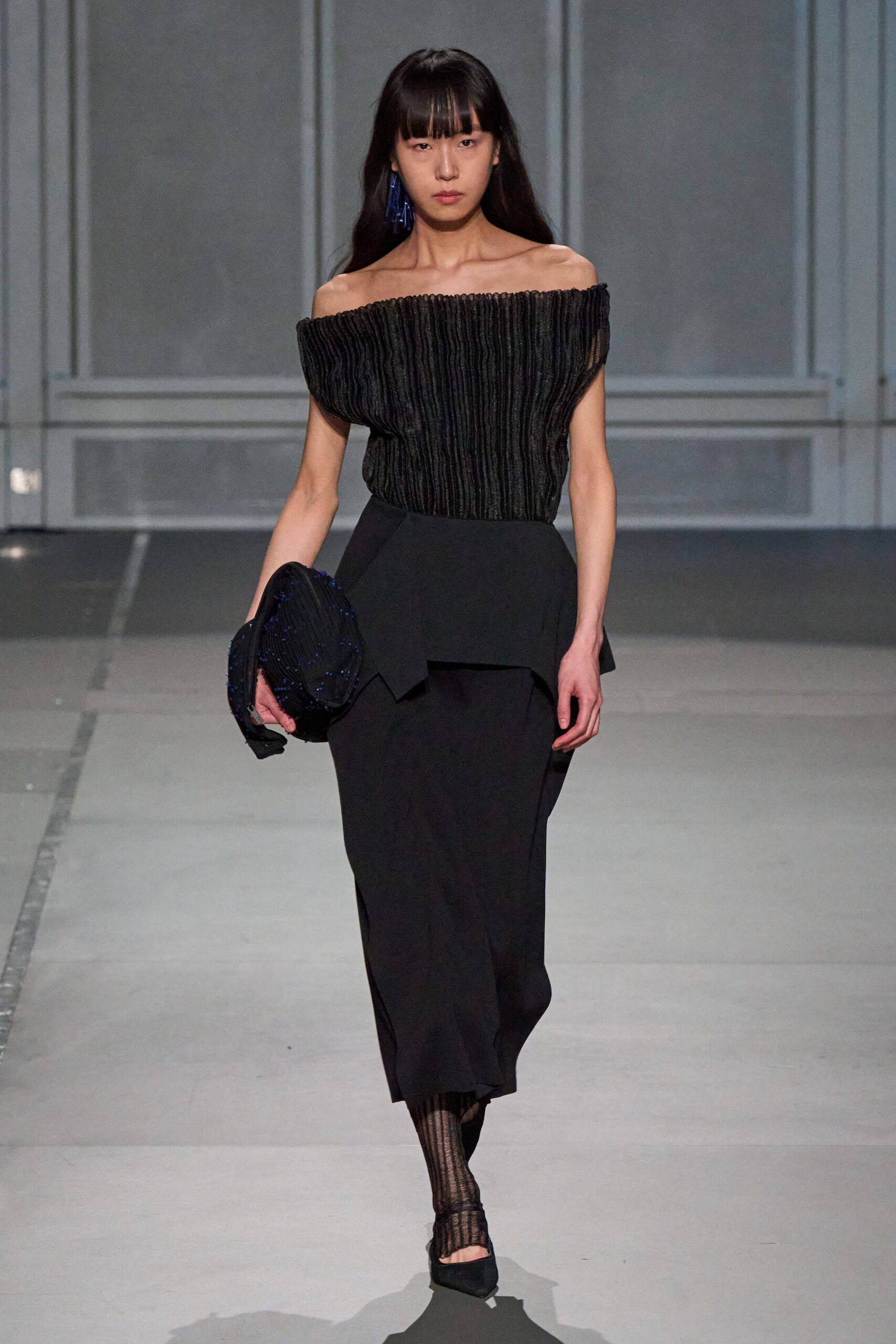black pleated off-shoulder dress