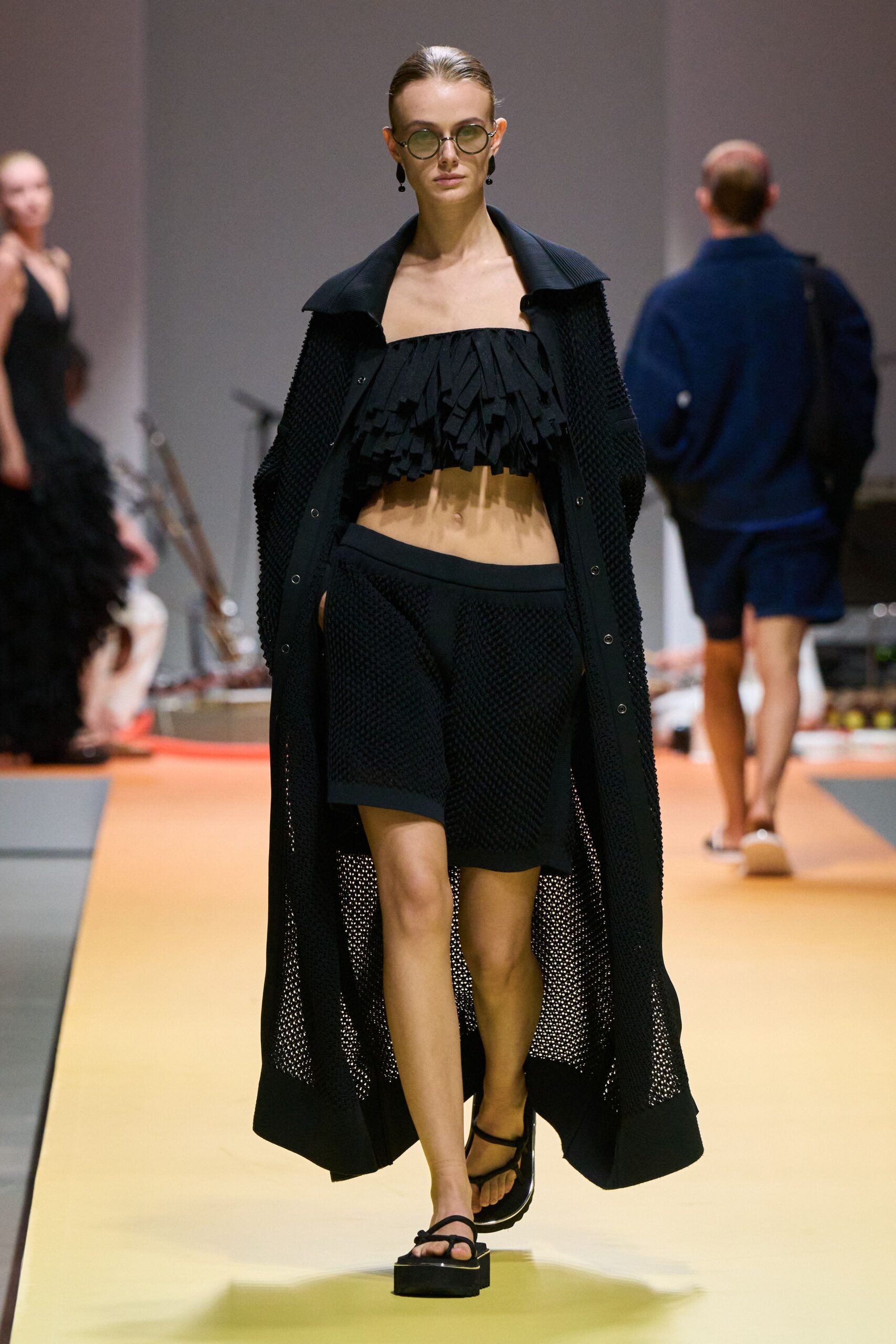 black mesh long-sleeve oversized coat