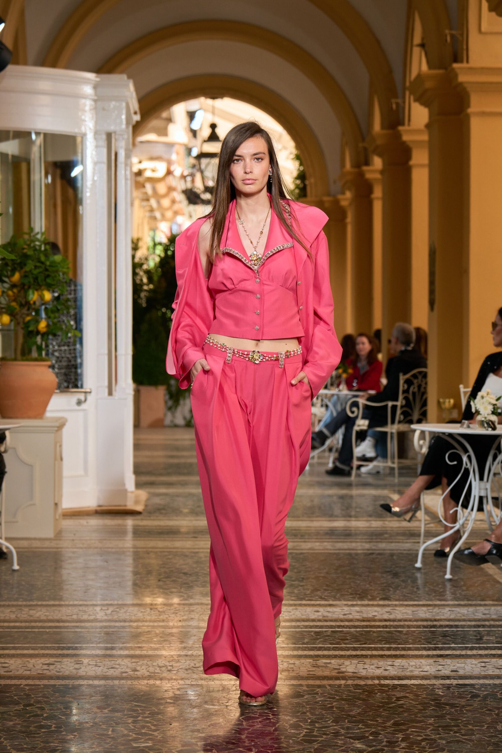 pink satin long-sleeve v-neck fitted embellished buttoned blouse