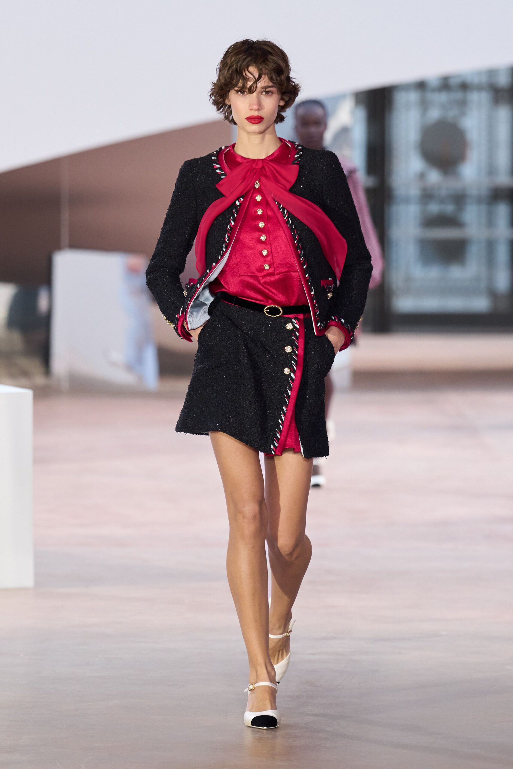 red silk long-sleeve collared fitted ruffled blouse