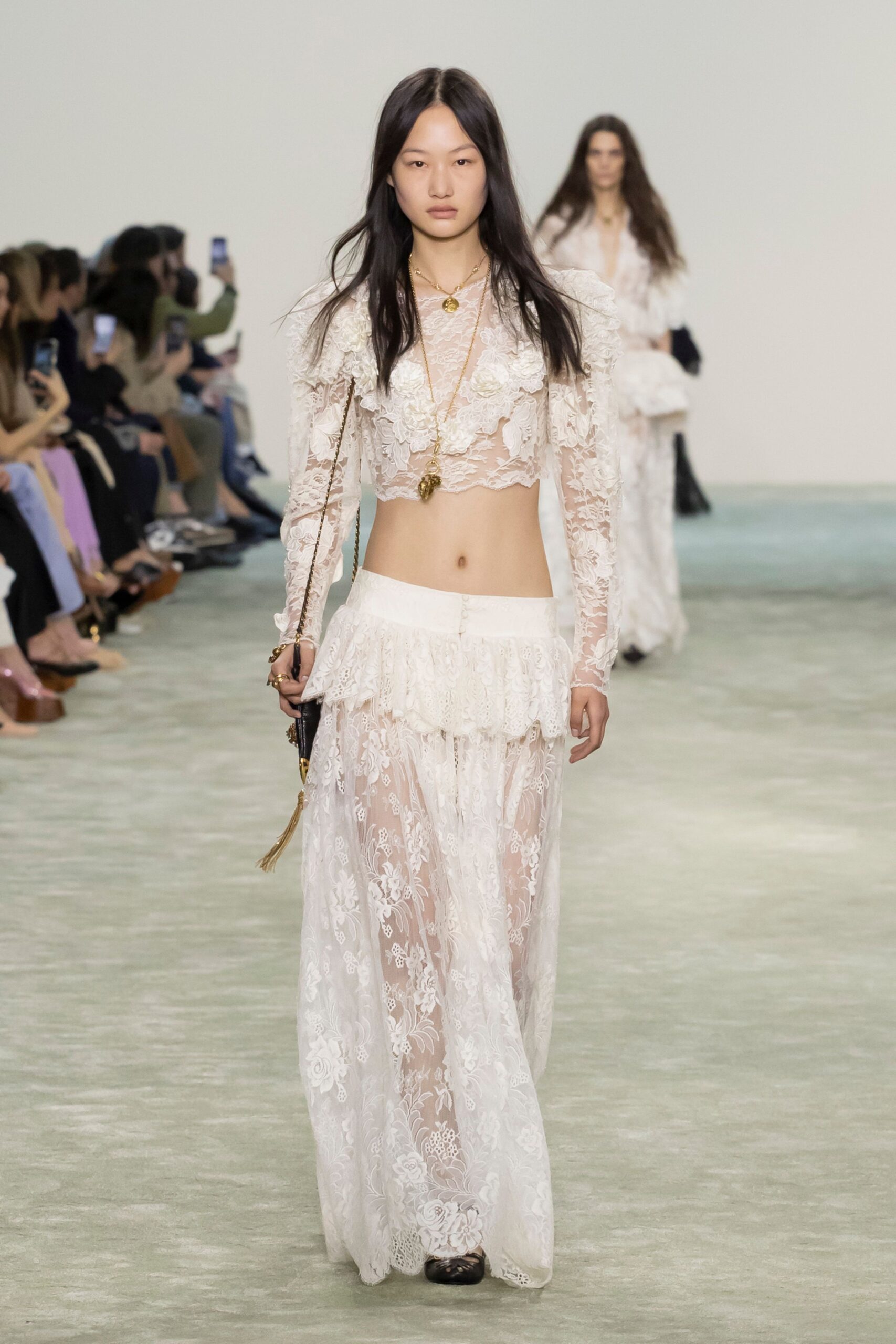 white lace maxi dress with bag