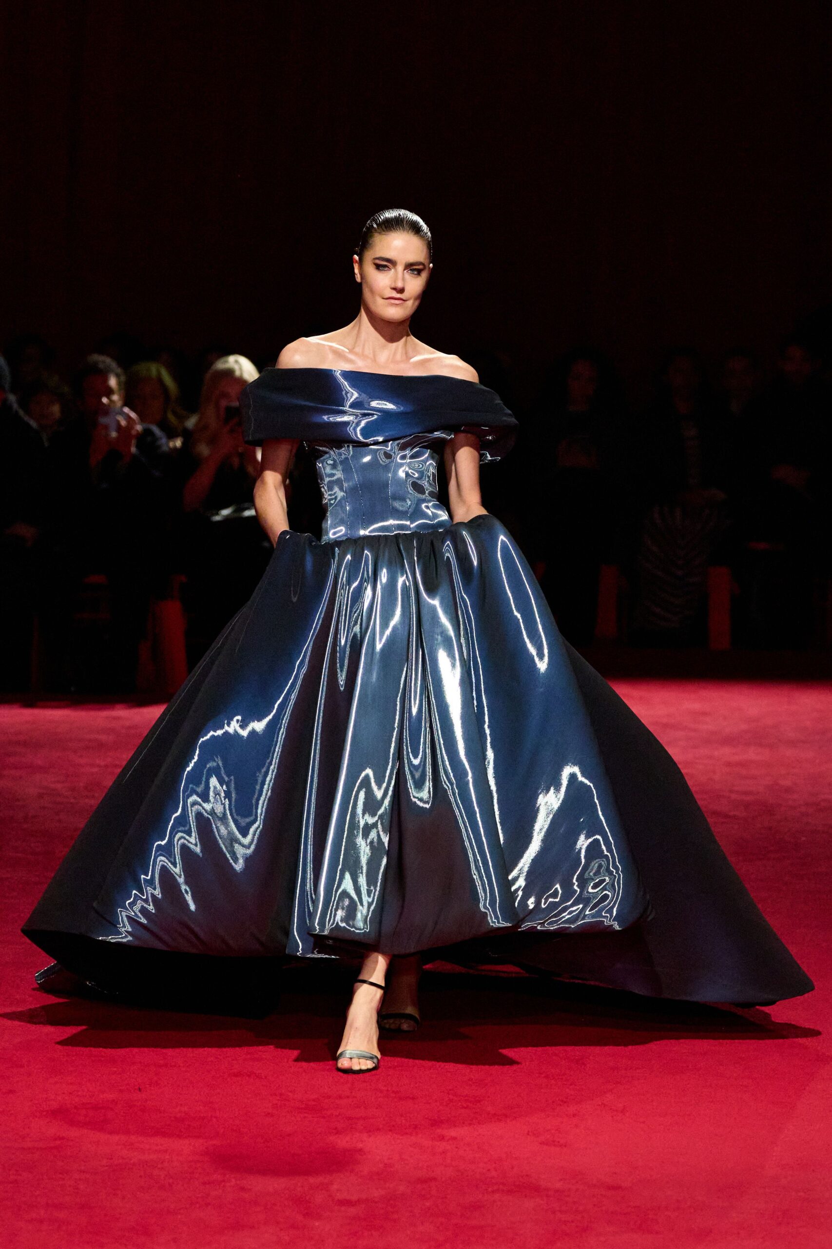 blue silk off-shoulder fitted pleated shiny maxi gown