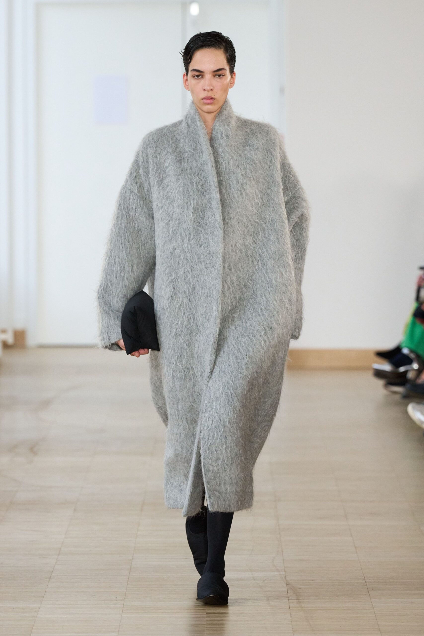 gray wool long-sleeve collared oversized textured midi coat