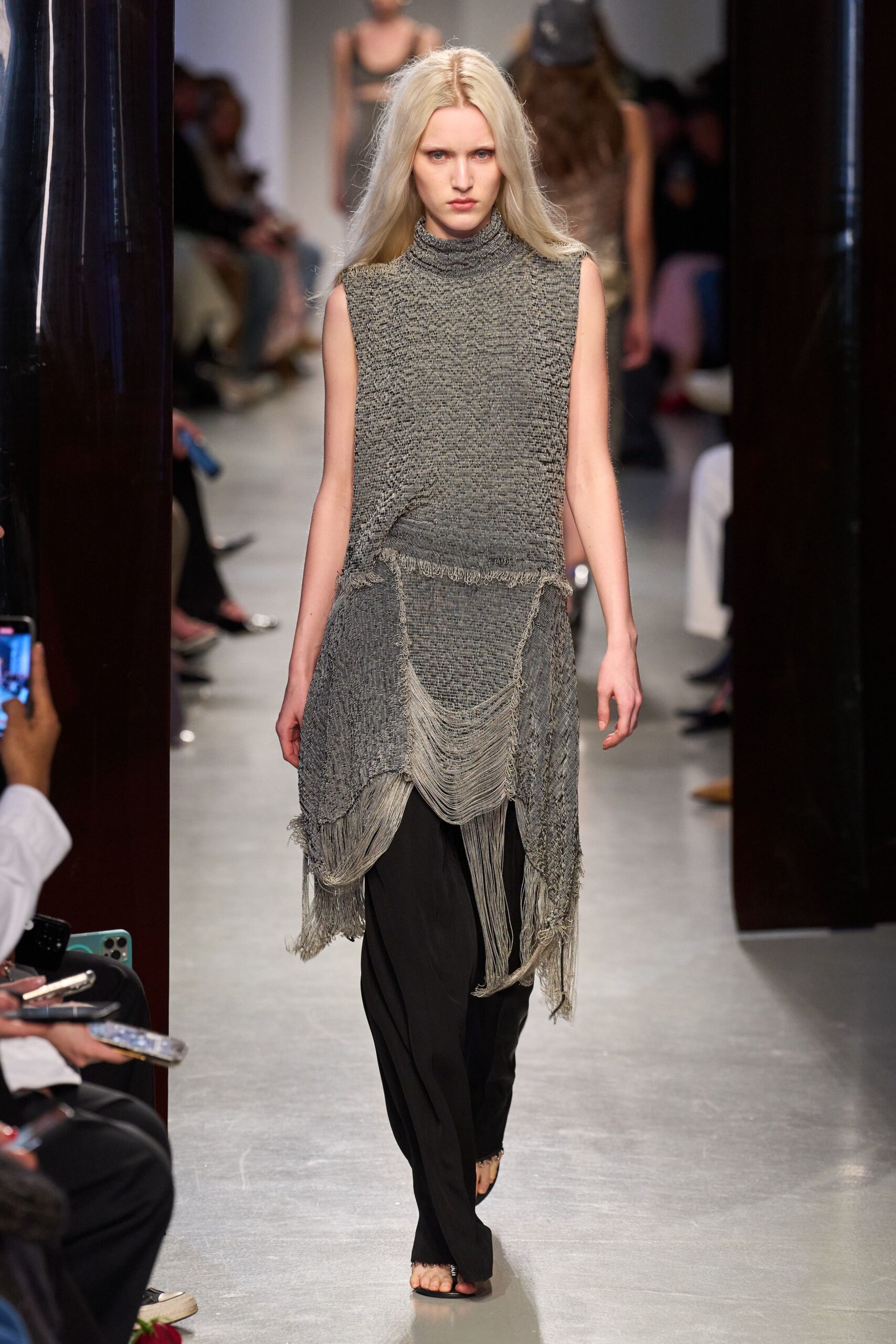 gray cotton sleeveless high-neck relaxed fringed top