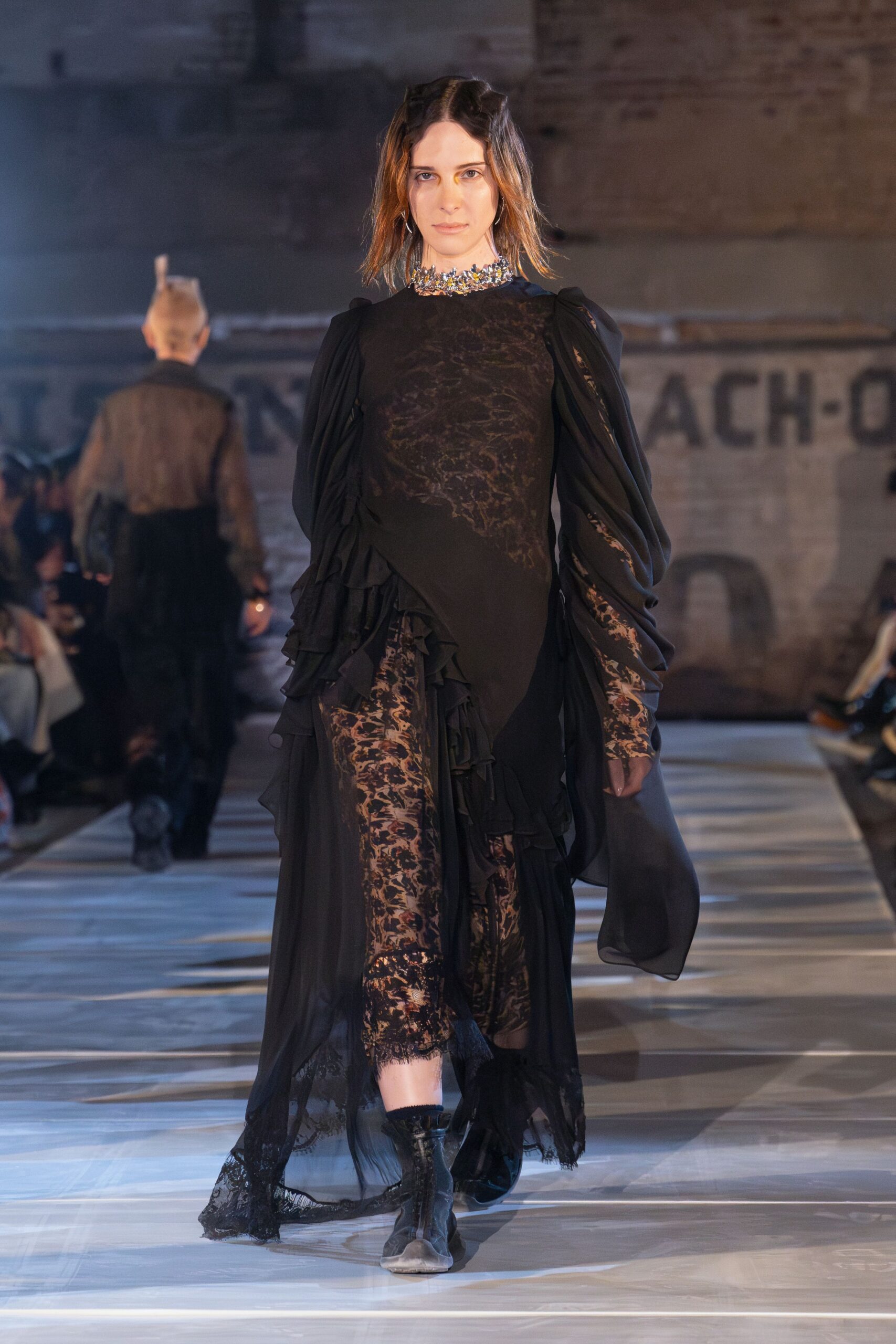 black silk long-sleeve v-neck fitted ruffled layered dress