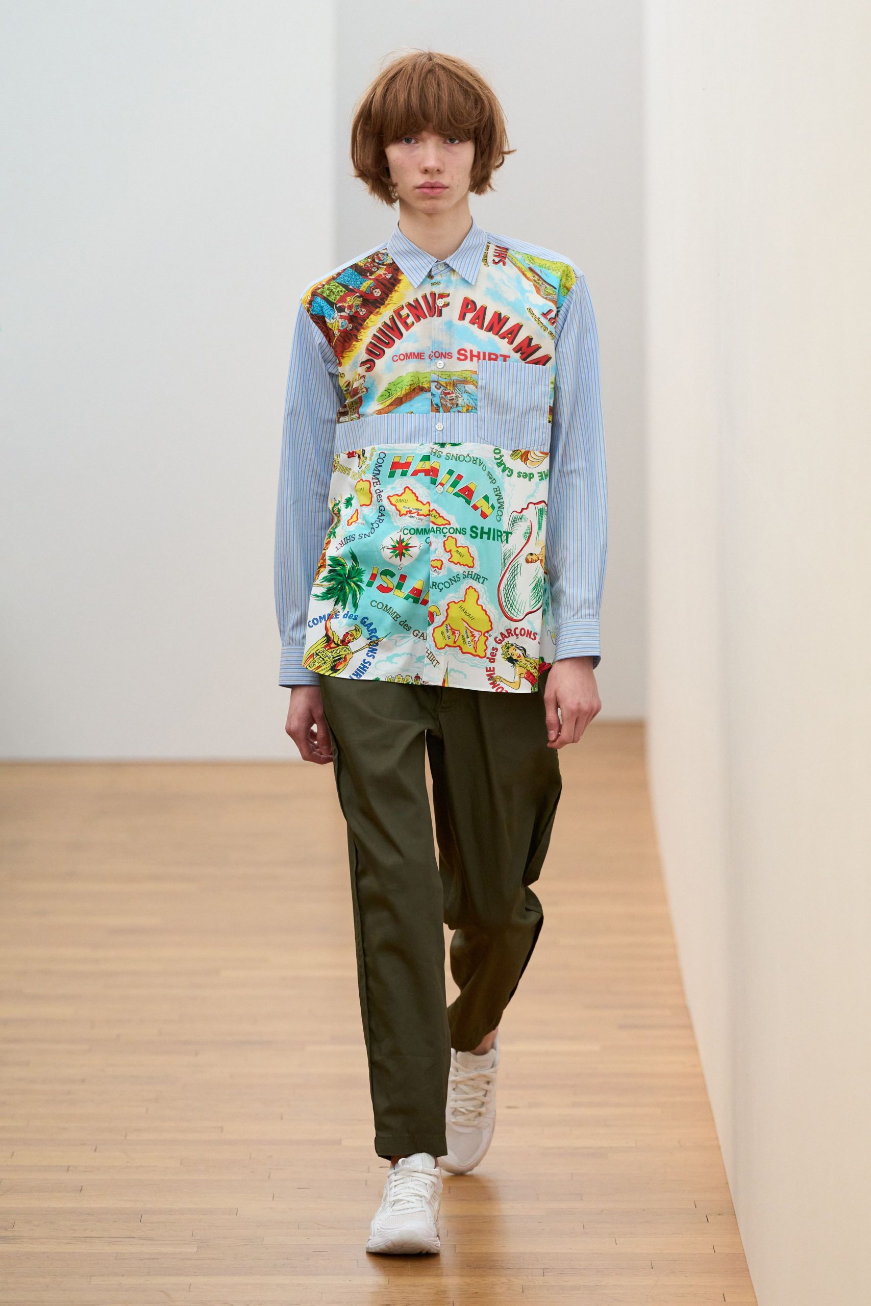 multi-colored relaxed shirt with green pants