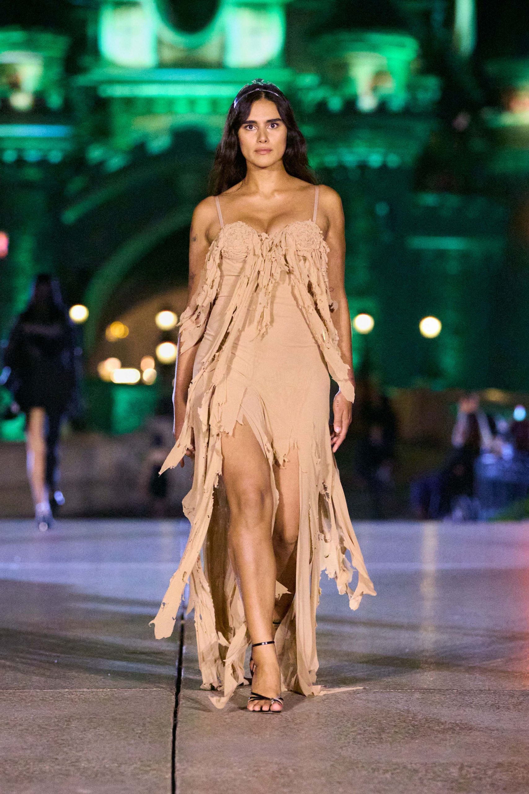 beige silk sleeveless v-neck fitted fringed flowing dress