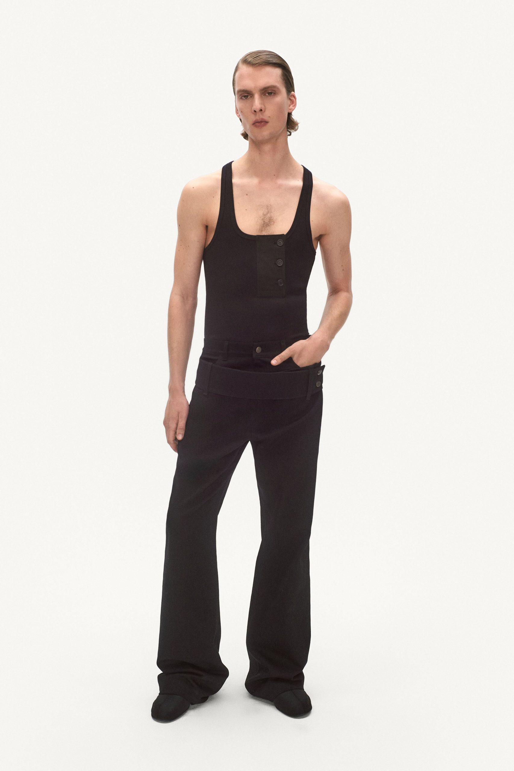 black cotton sleeveless high-neck fitted buttoned tank-top