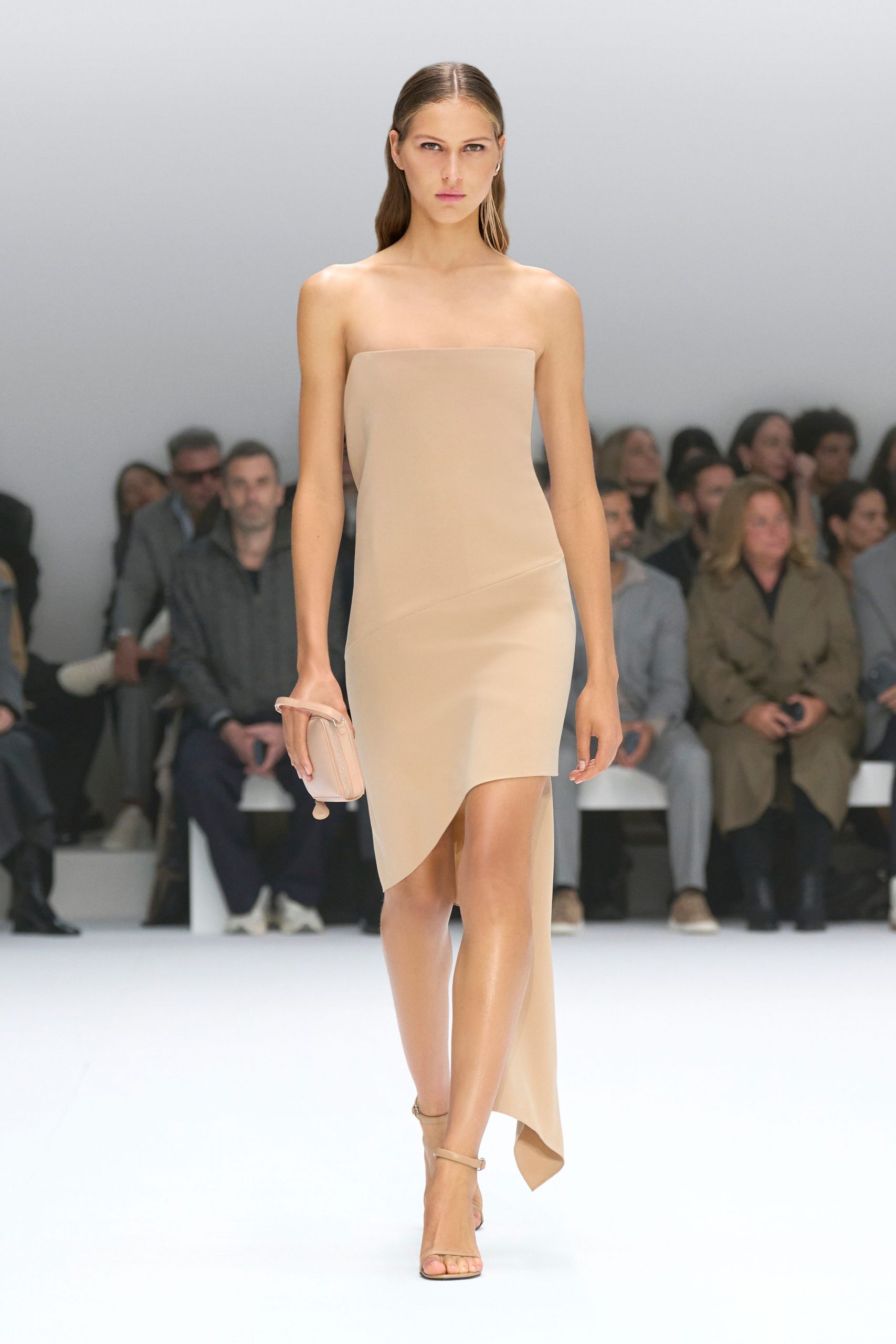 beige strapless asymmetric dress