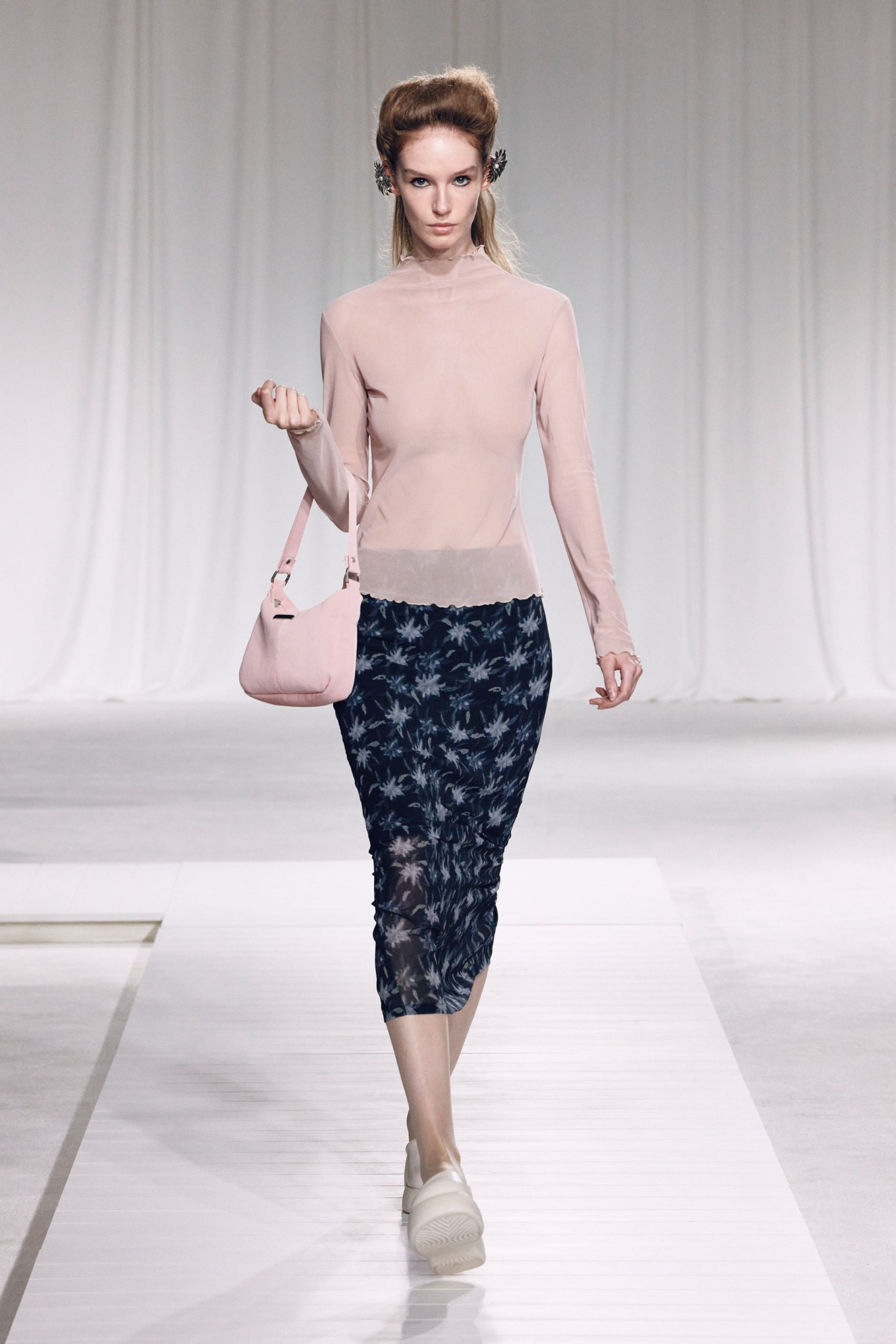 pink silk top with blue lace skirt