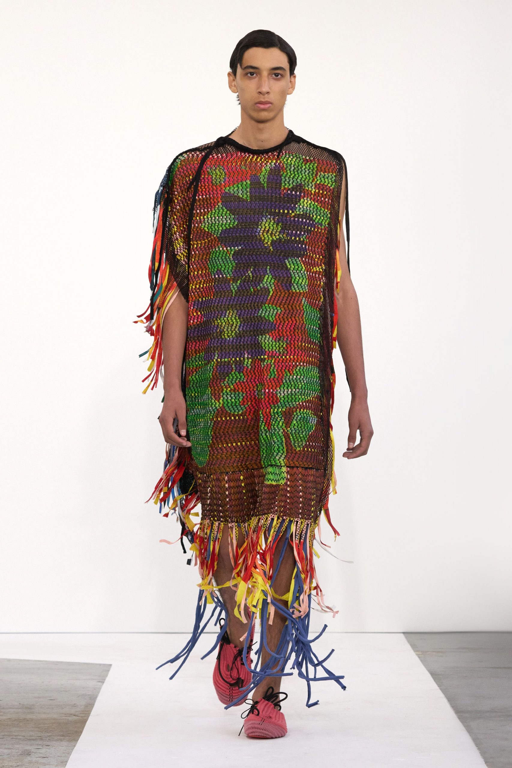 multi cotton sleeveless relaxed fringed midi dress