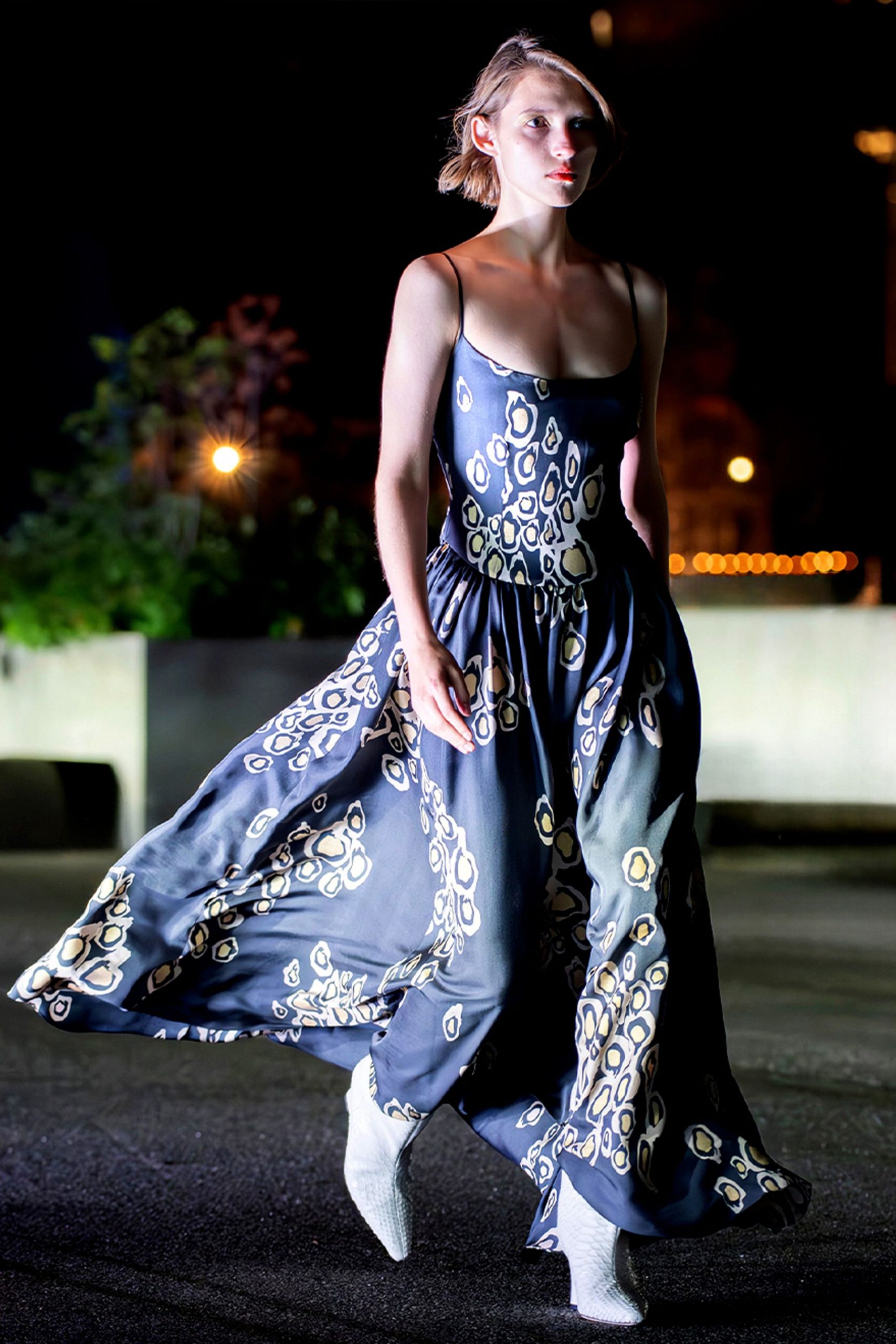 blue and white printed maxi dress