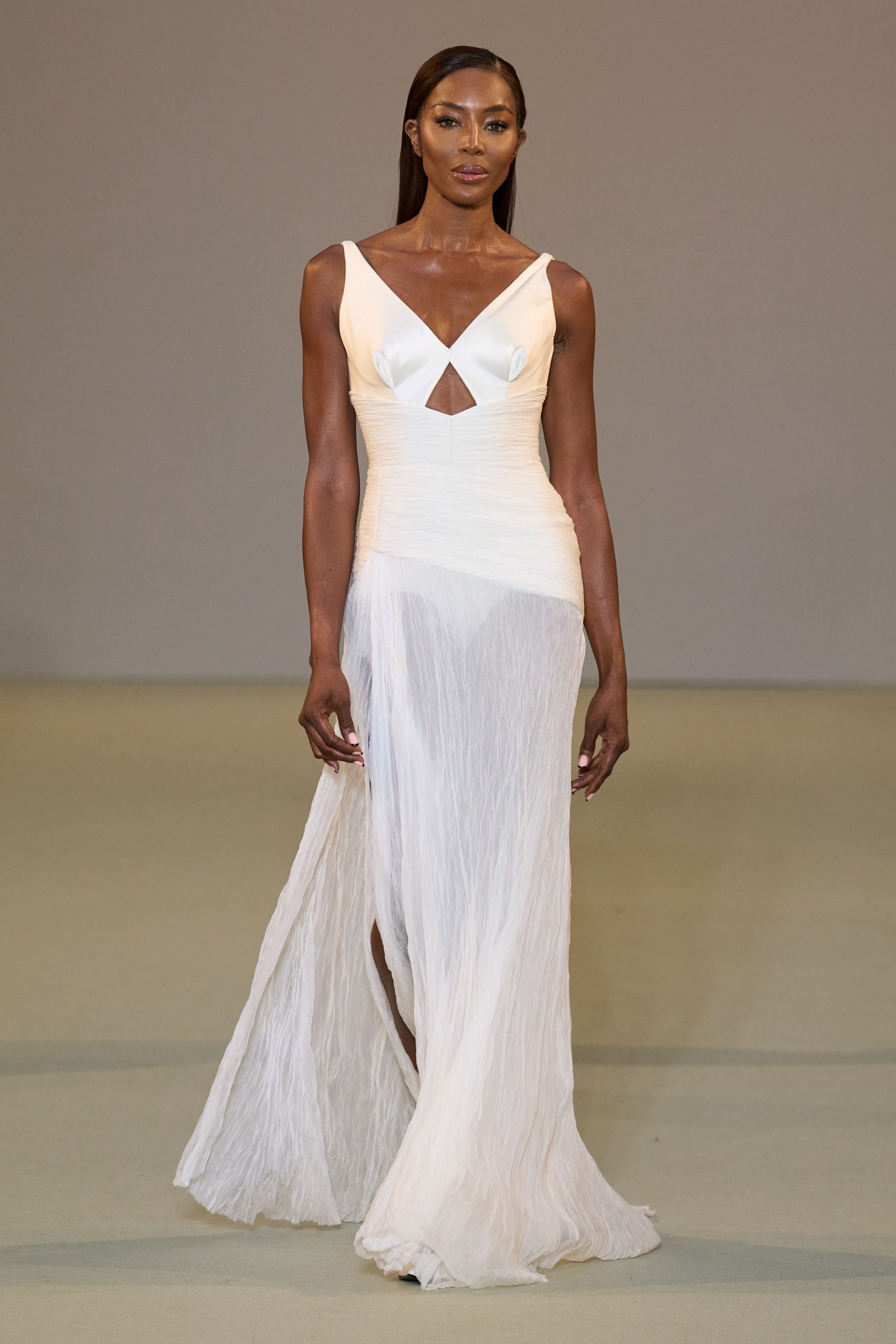 white silk sleeveless gown