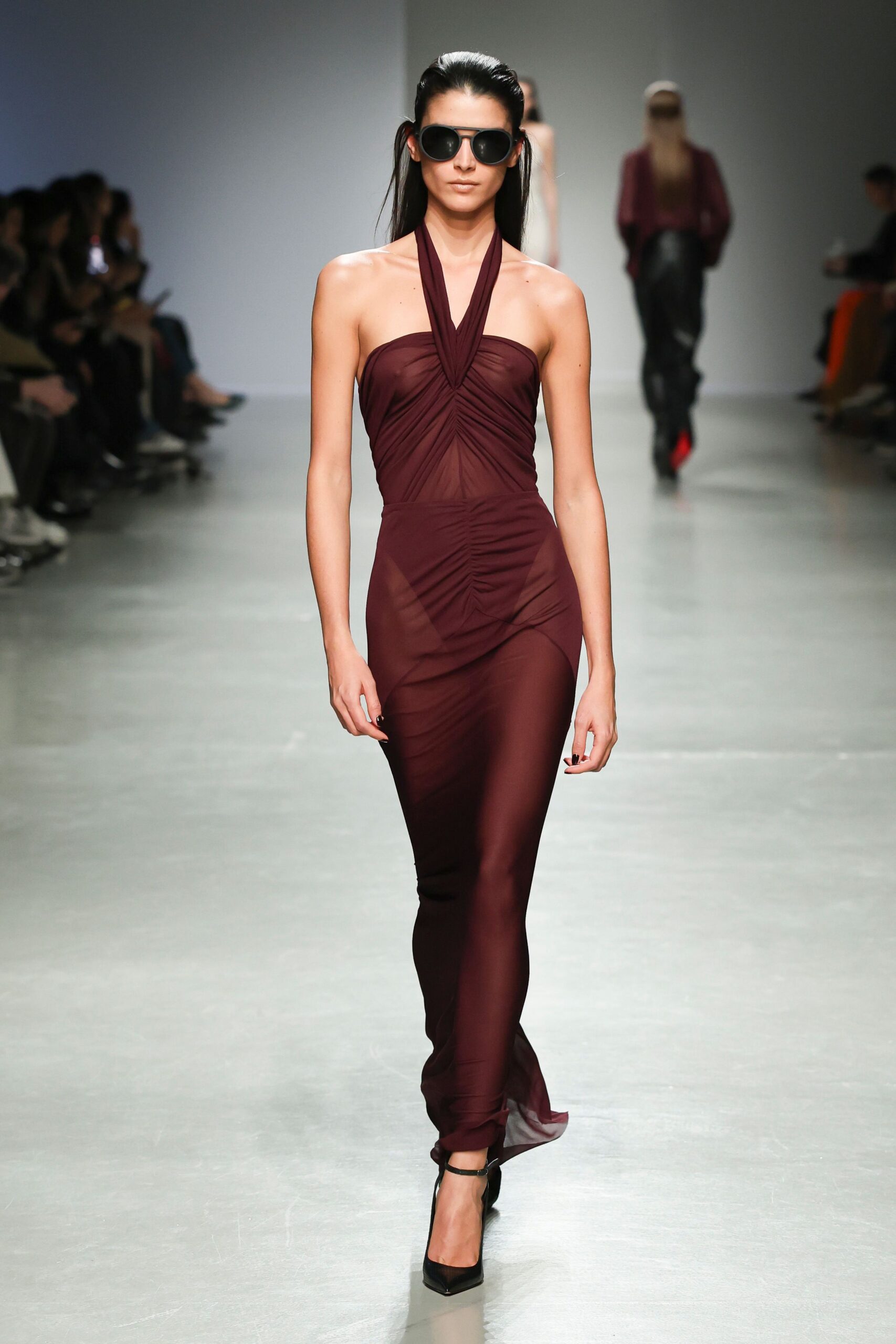 maroon silk sleeveless halter fitted ruched sheer gown