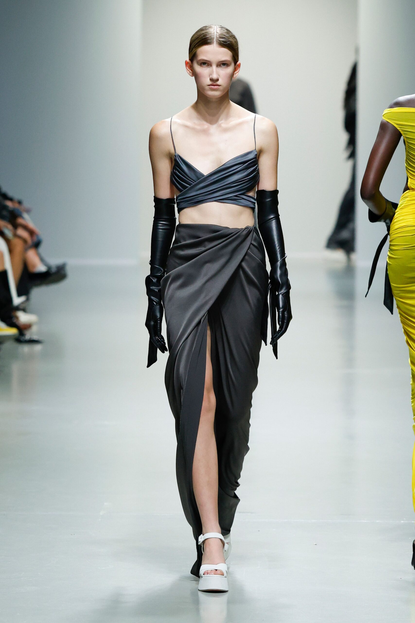 gray silk sleeveless v-neck fitted draped top