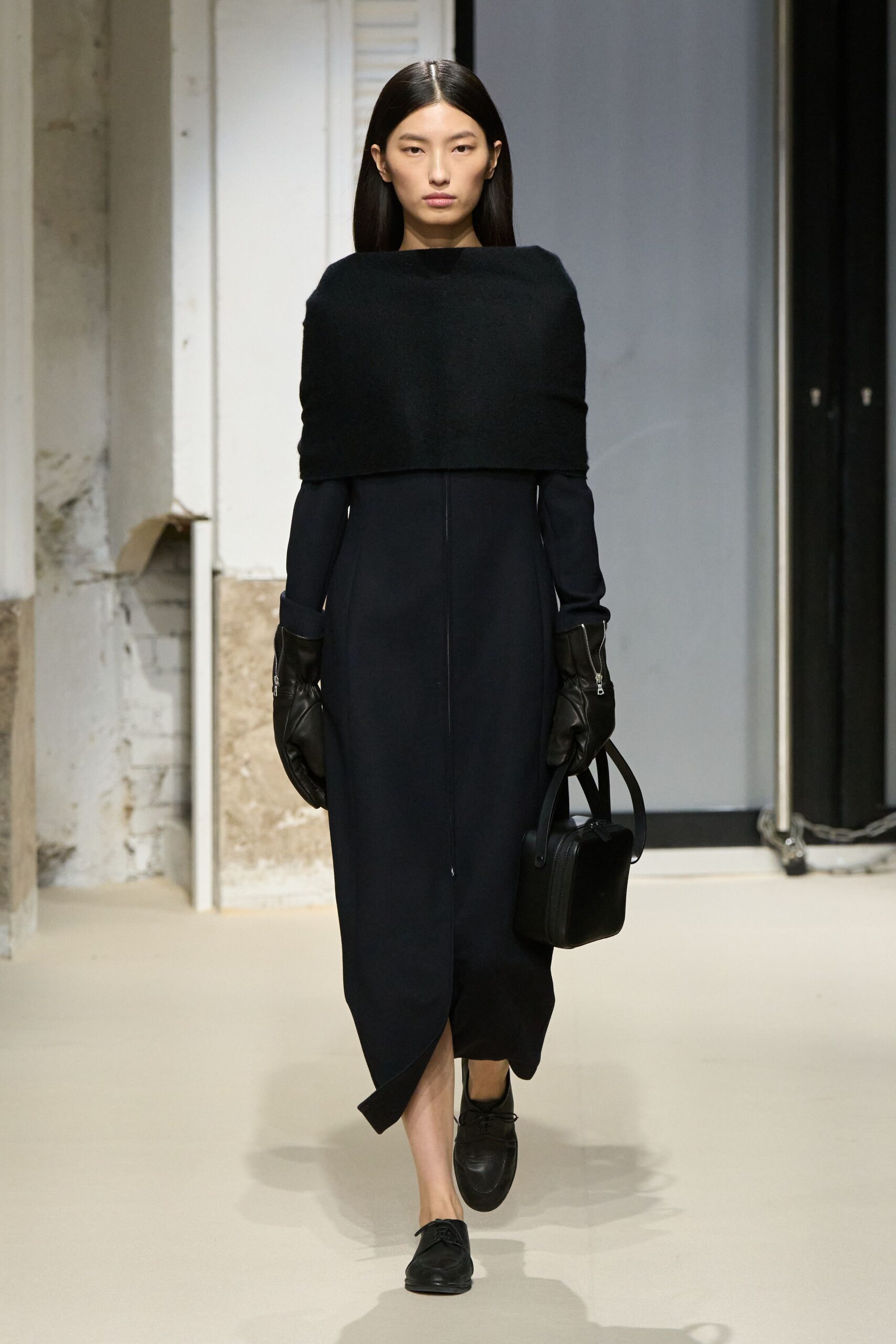 black wool long-sleeve v-neck fitted zippered midi dress