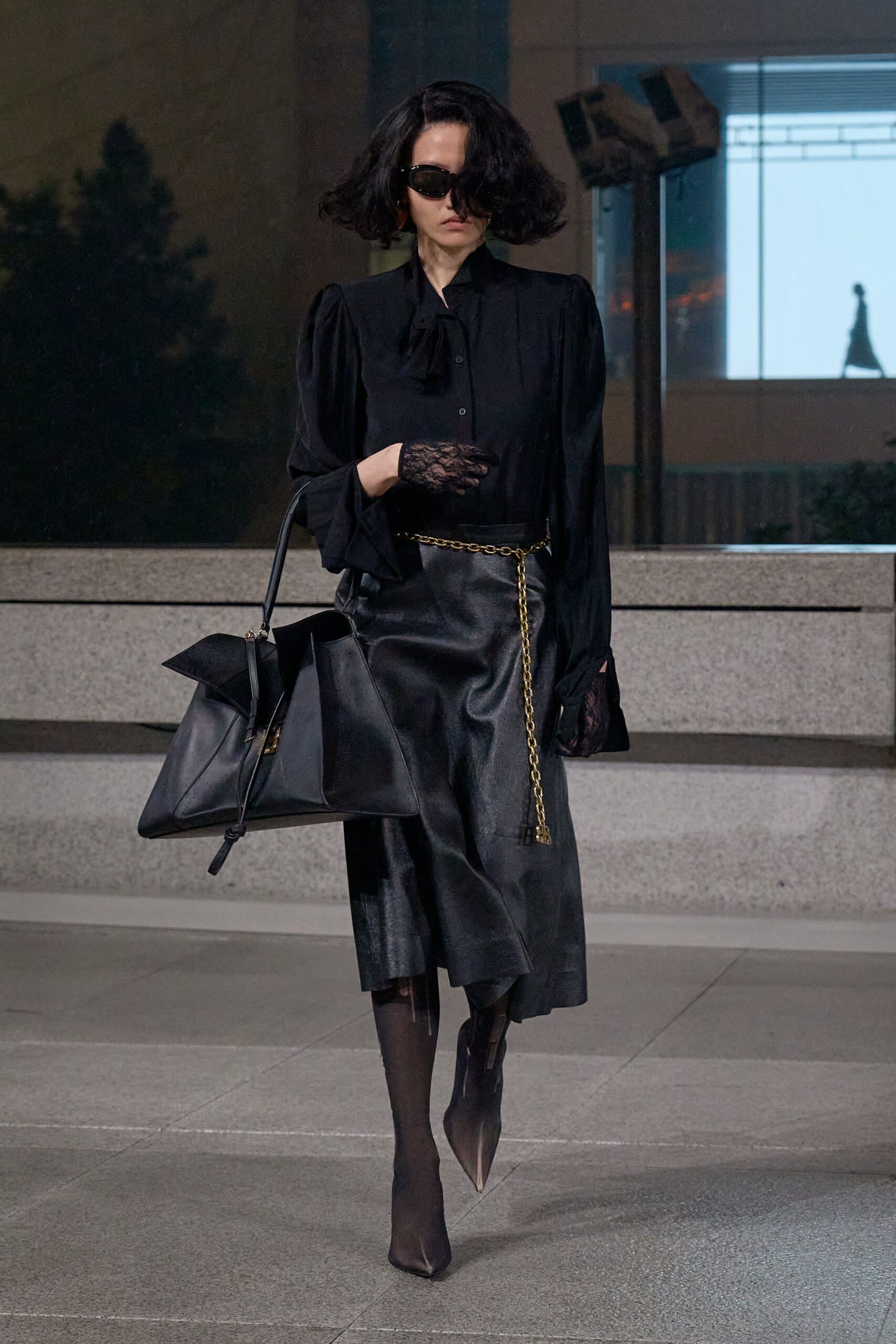 black silk long-sleeve collared fitted pleated blouse