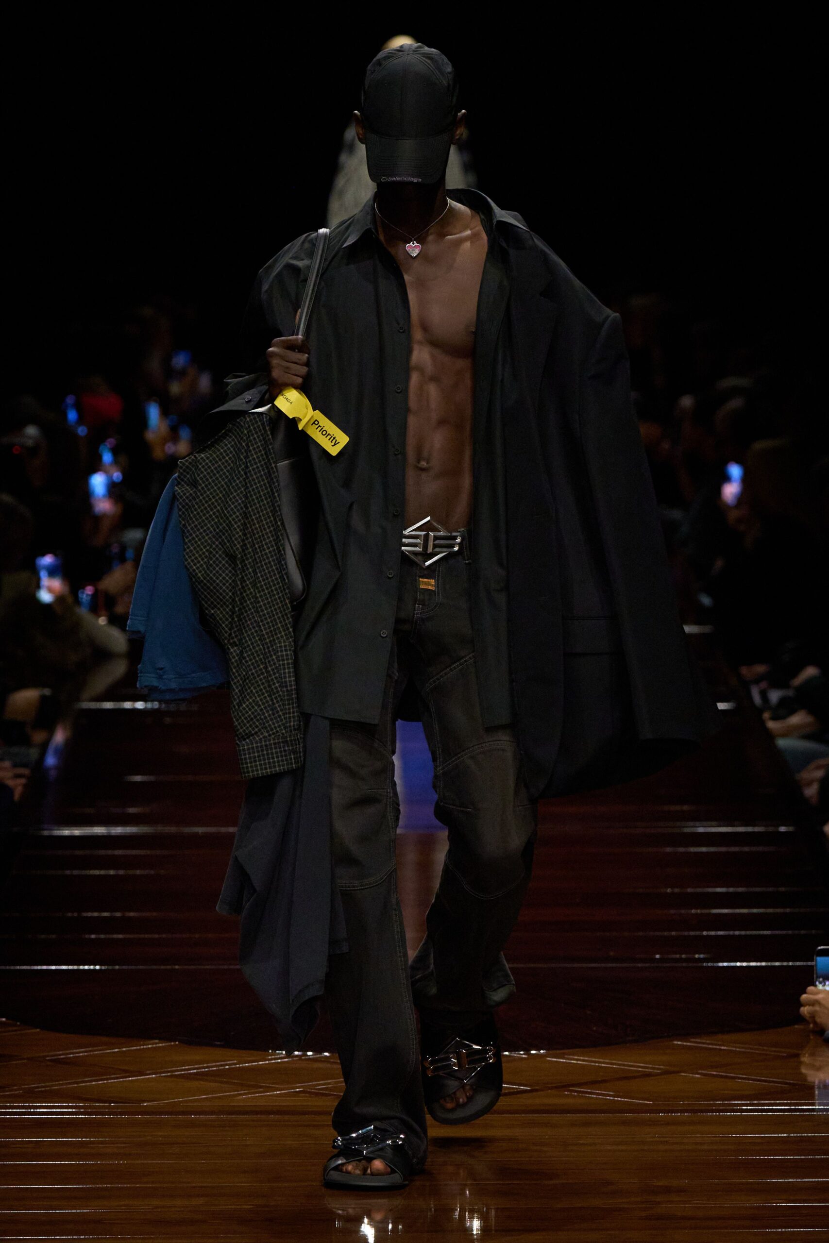 black coat blue shirt slim pants