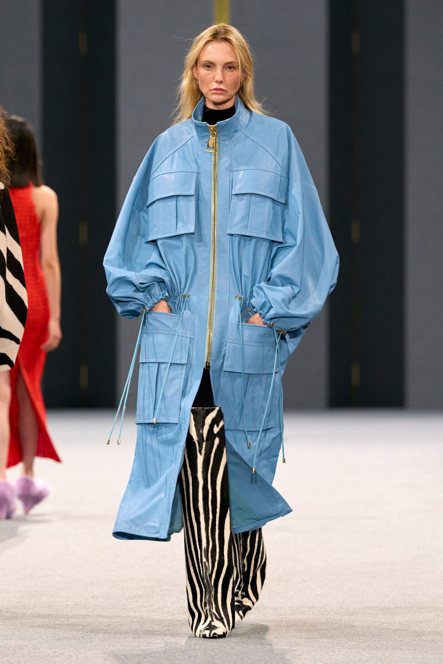blue leather long-sleeve collared oversized zippered pockets coat