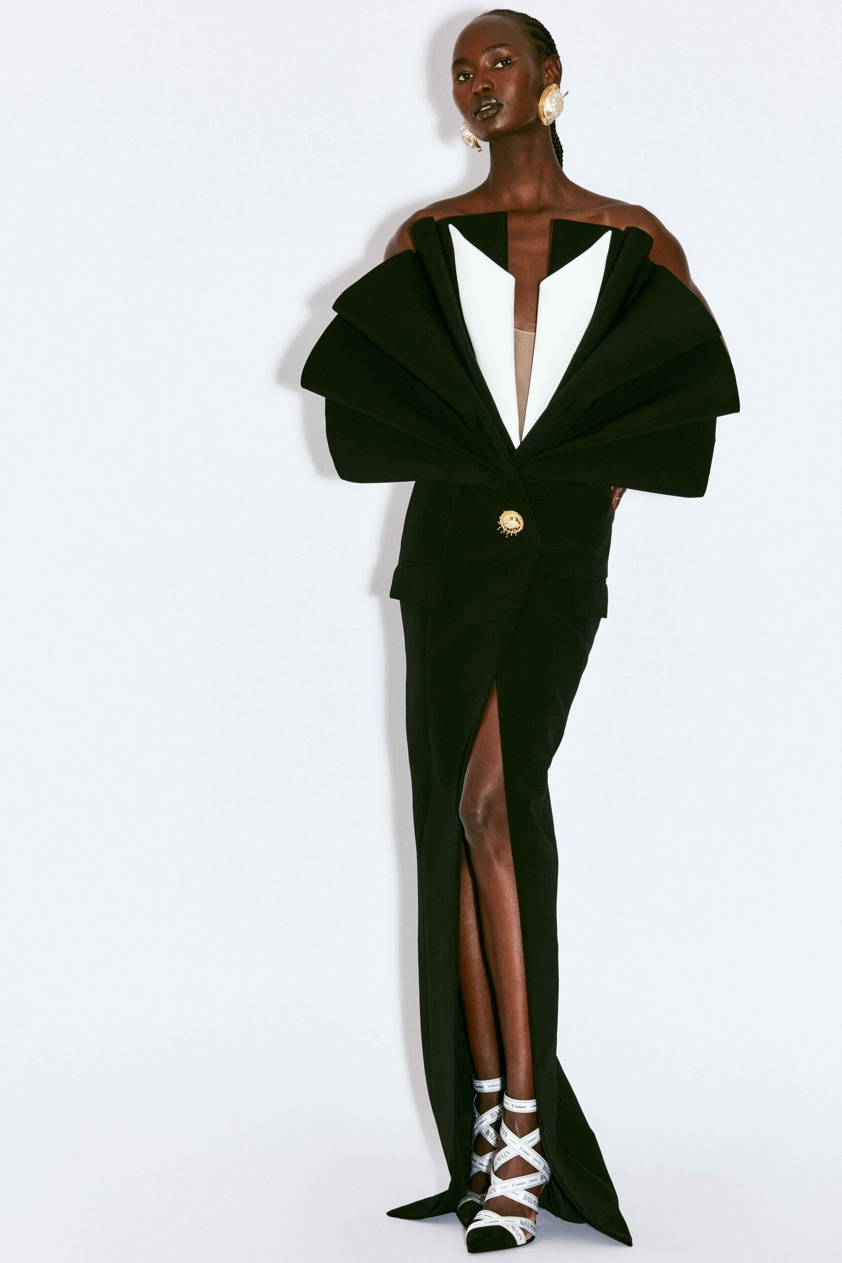 black and white off-shoulder gown