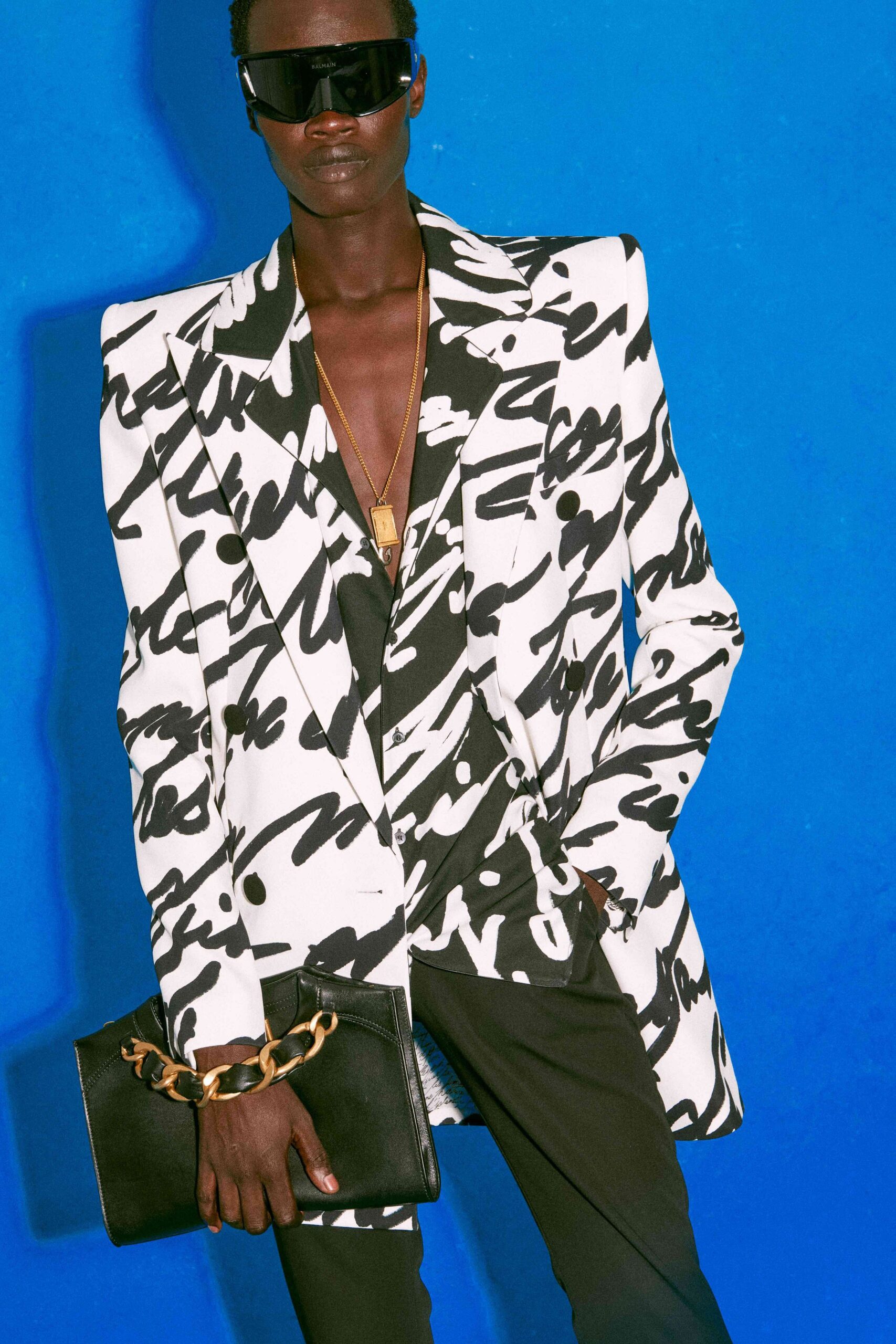 printed black and white blazer