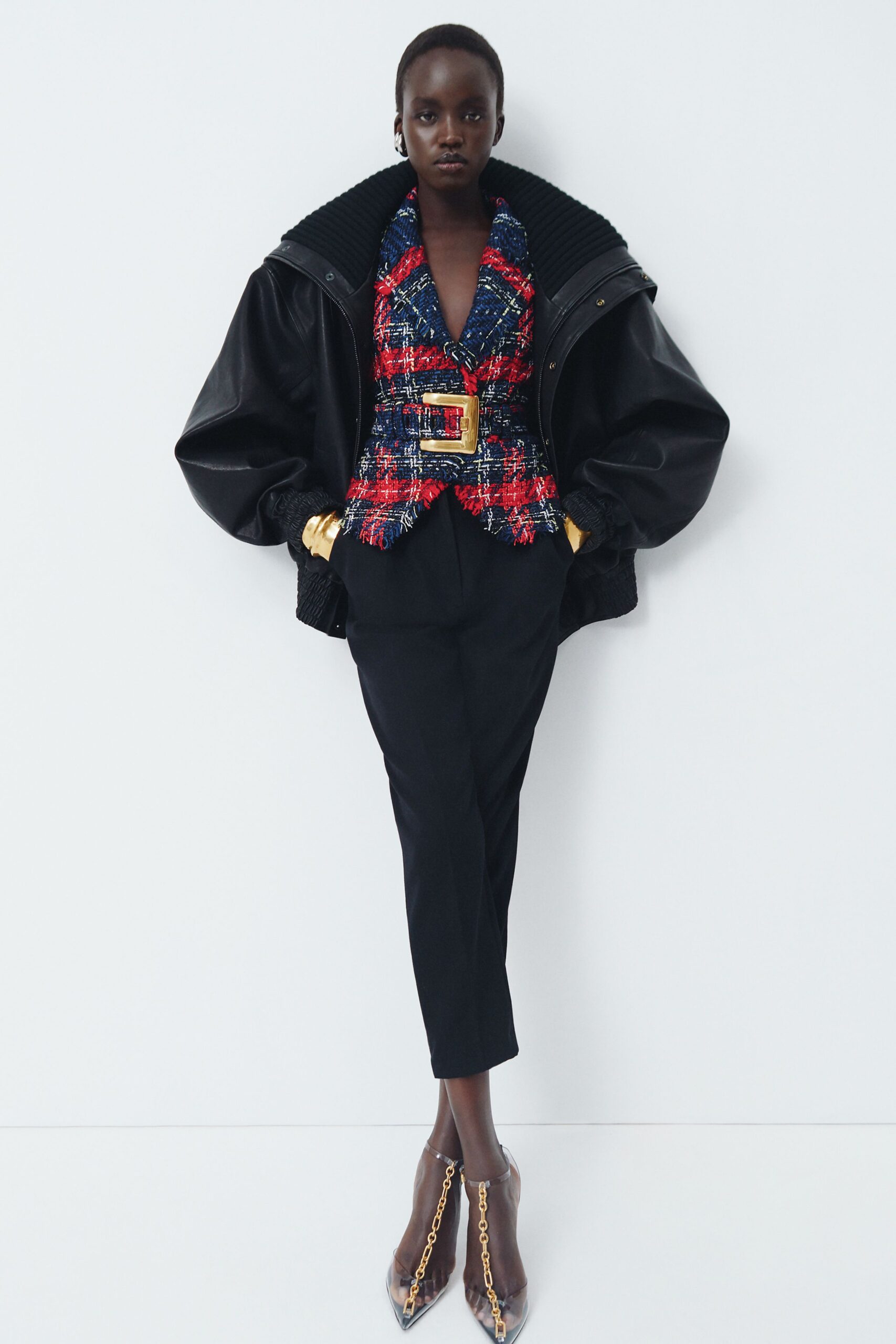 red tweed sleeveless v-neck structured belted printed blazer
