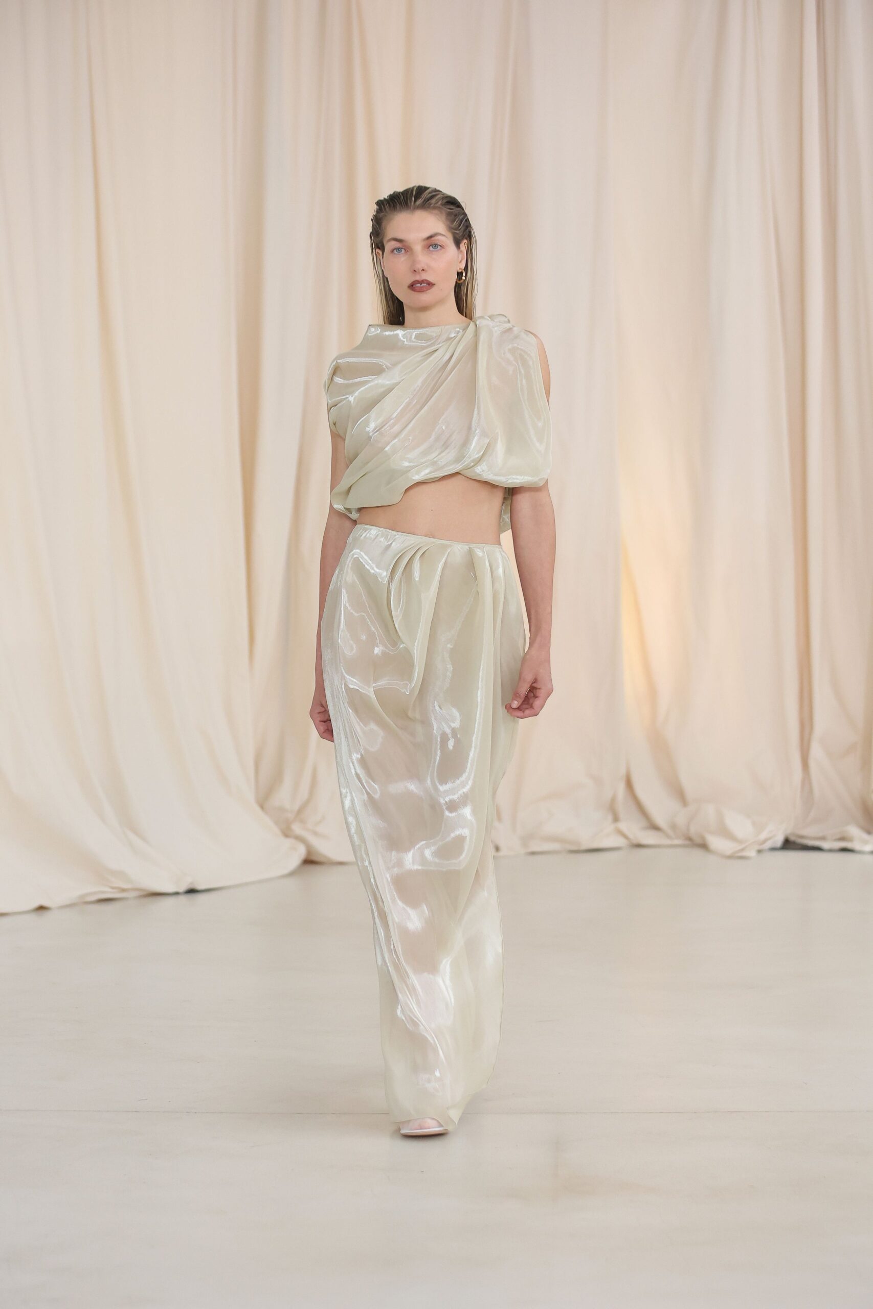 ivory silk sleeveless high-neck relaxed draped layered top