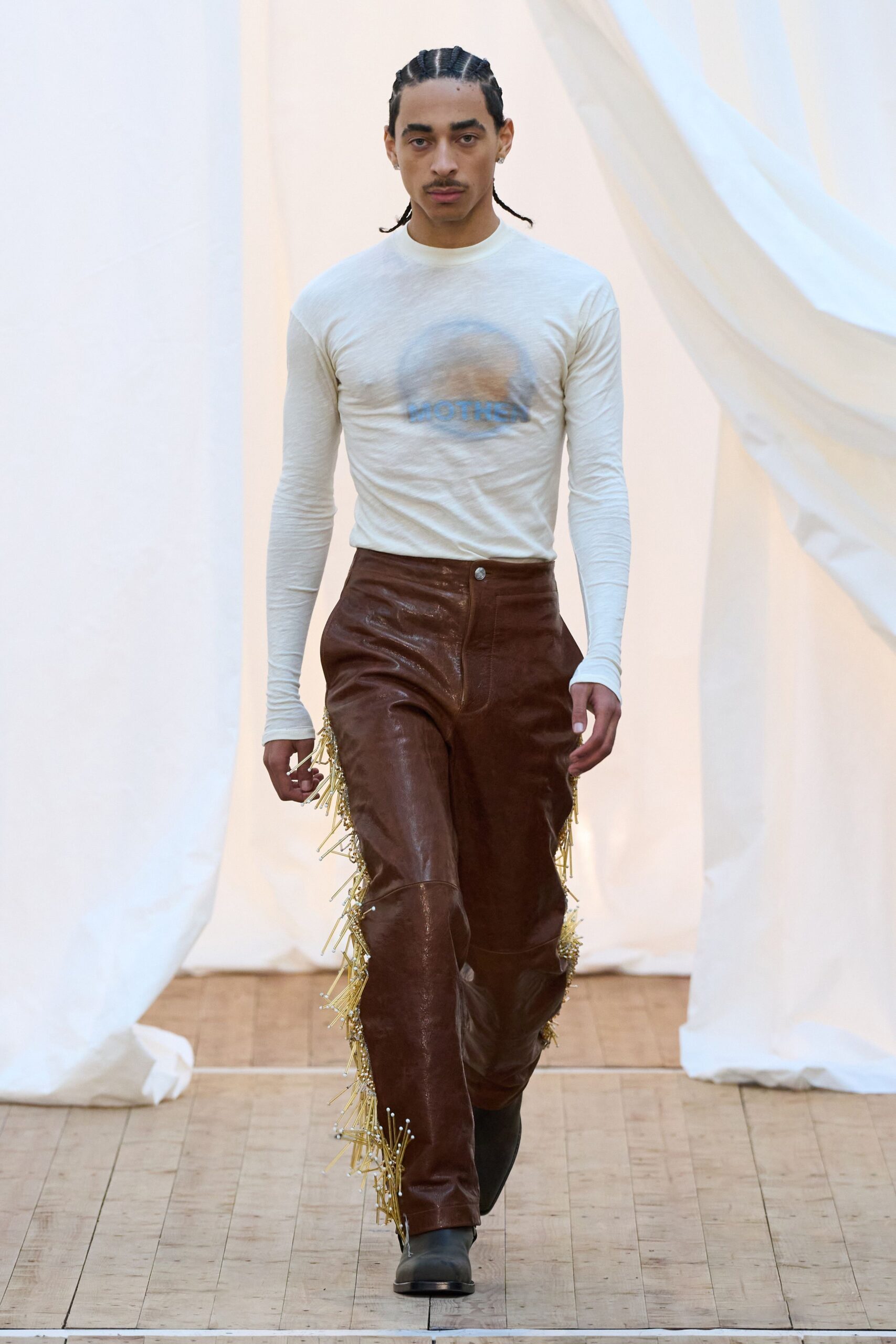 white fitted shirt brown leather pants