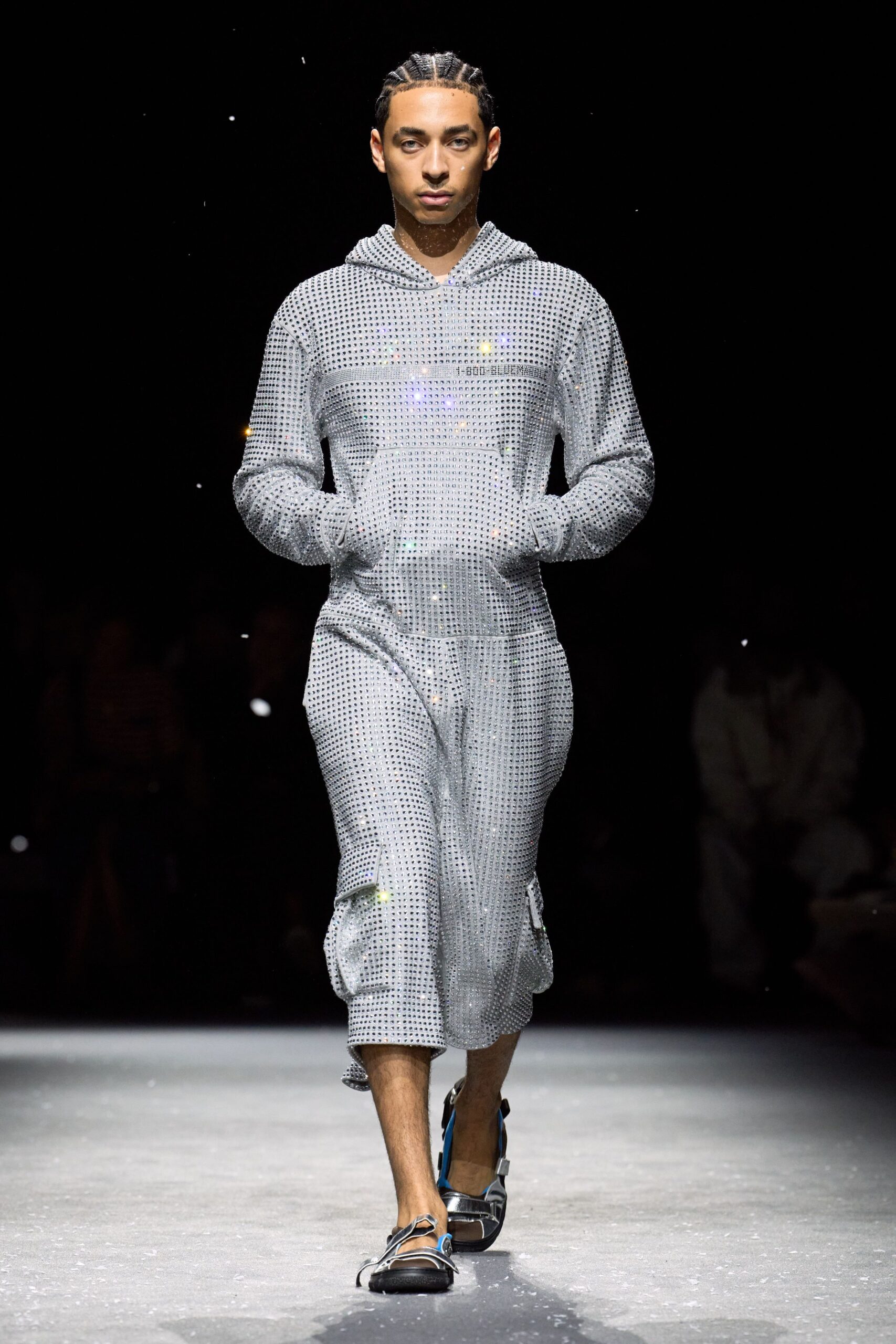 gray mesh long-sleeve hooded relaxed zippered shiny jumpsuit
