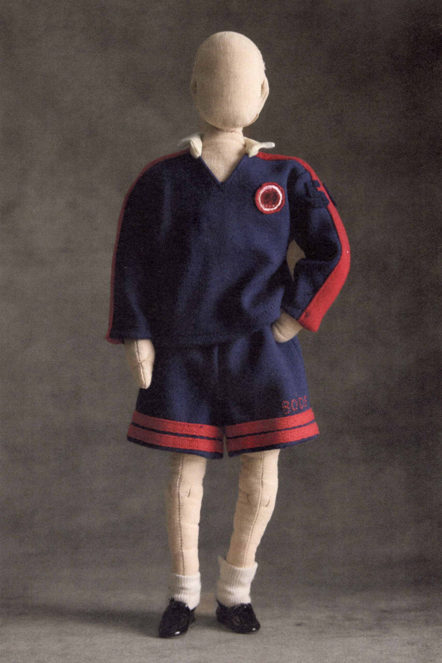 blue wool long-sleeve v-neck oversized striped embroidered top