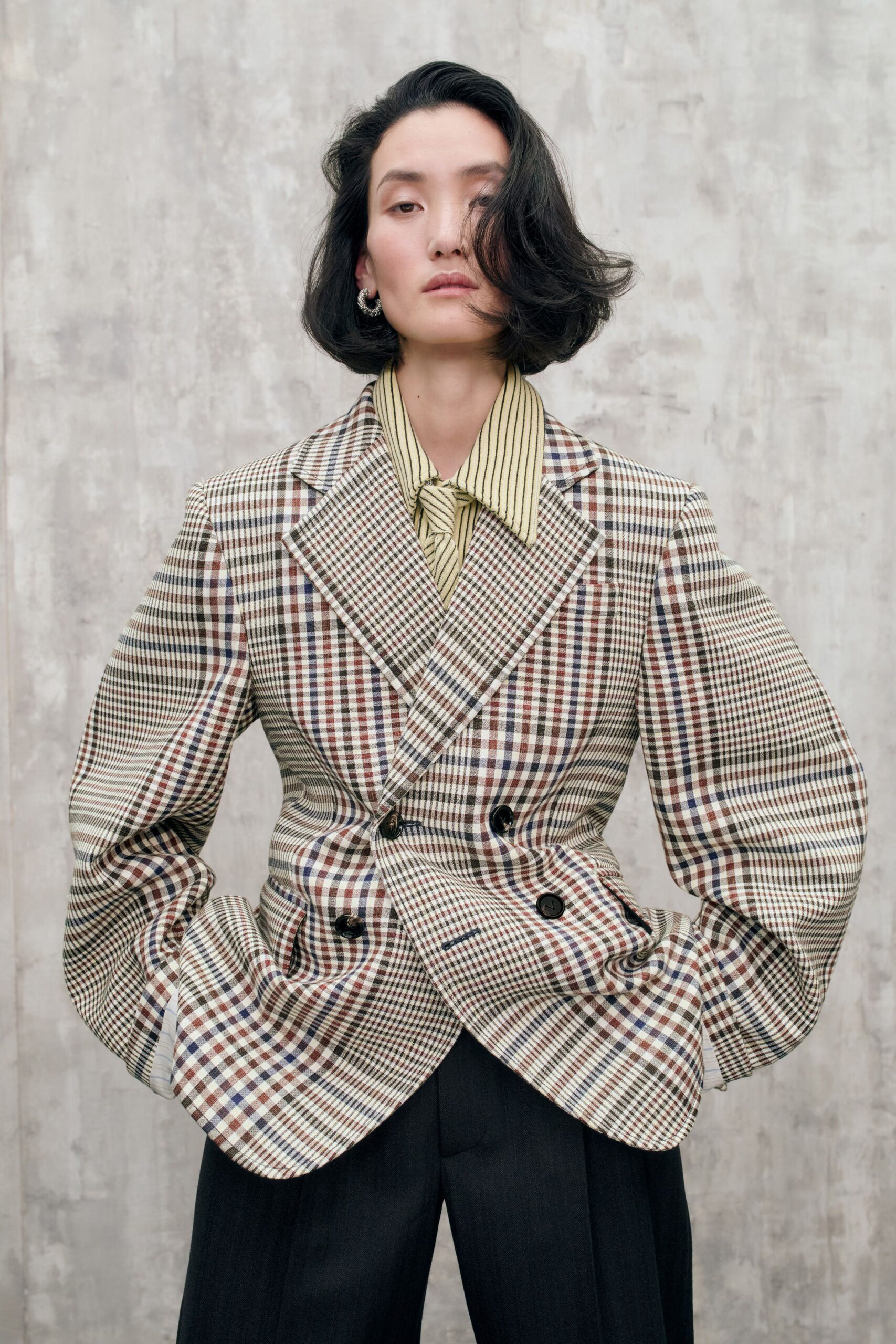 checked blazer with tailored pants