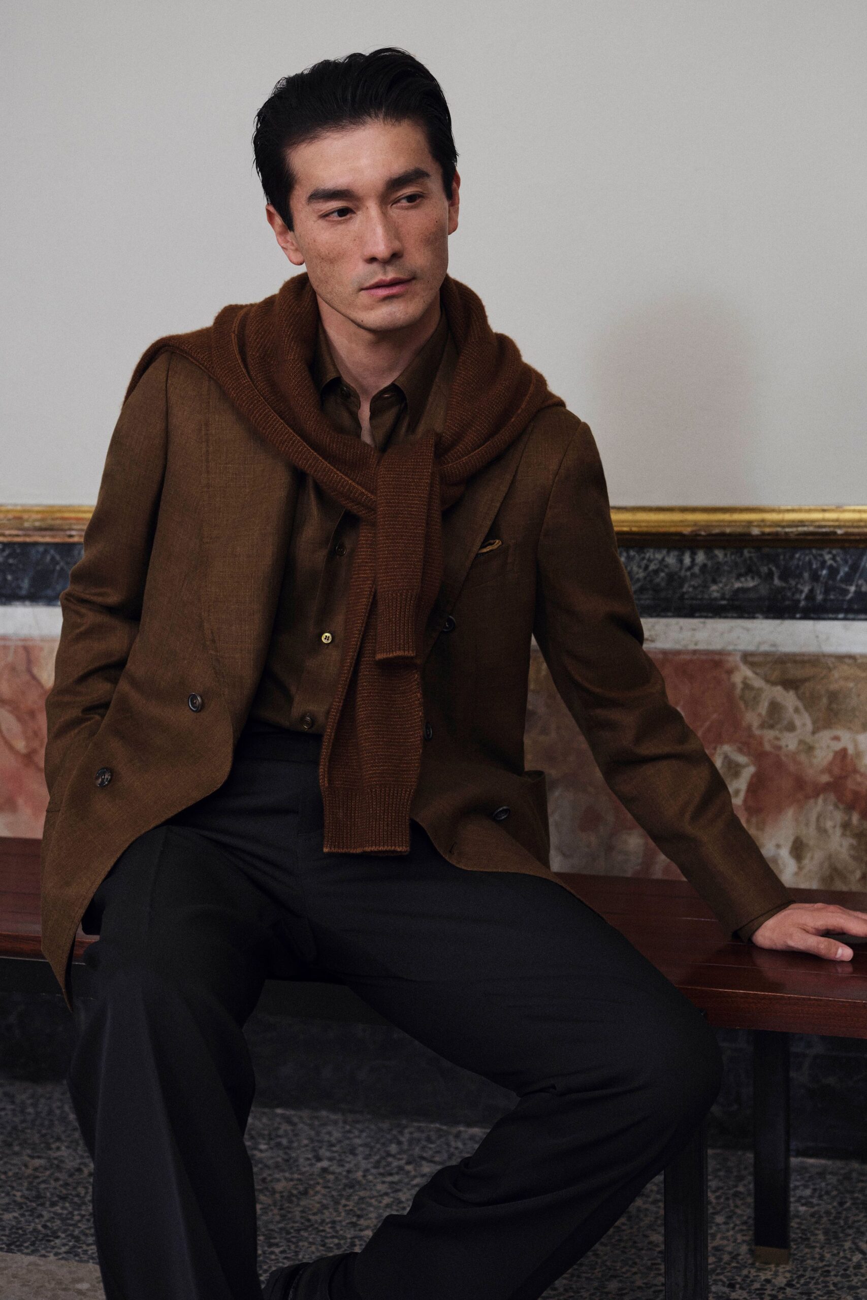 brown tailored blazer with sweater