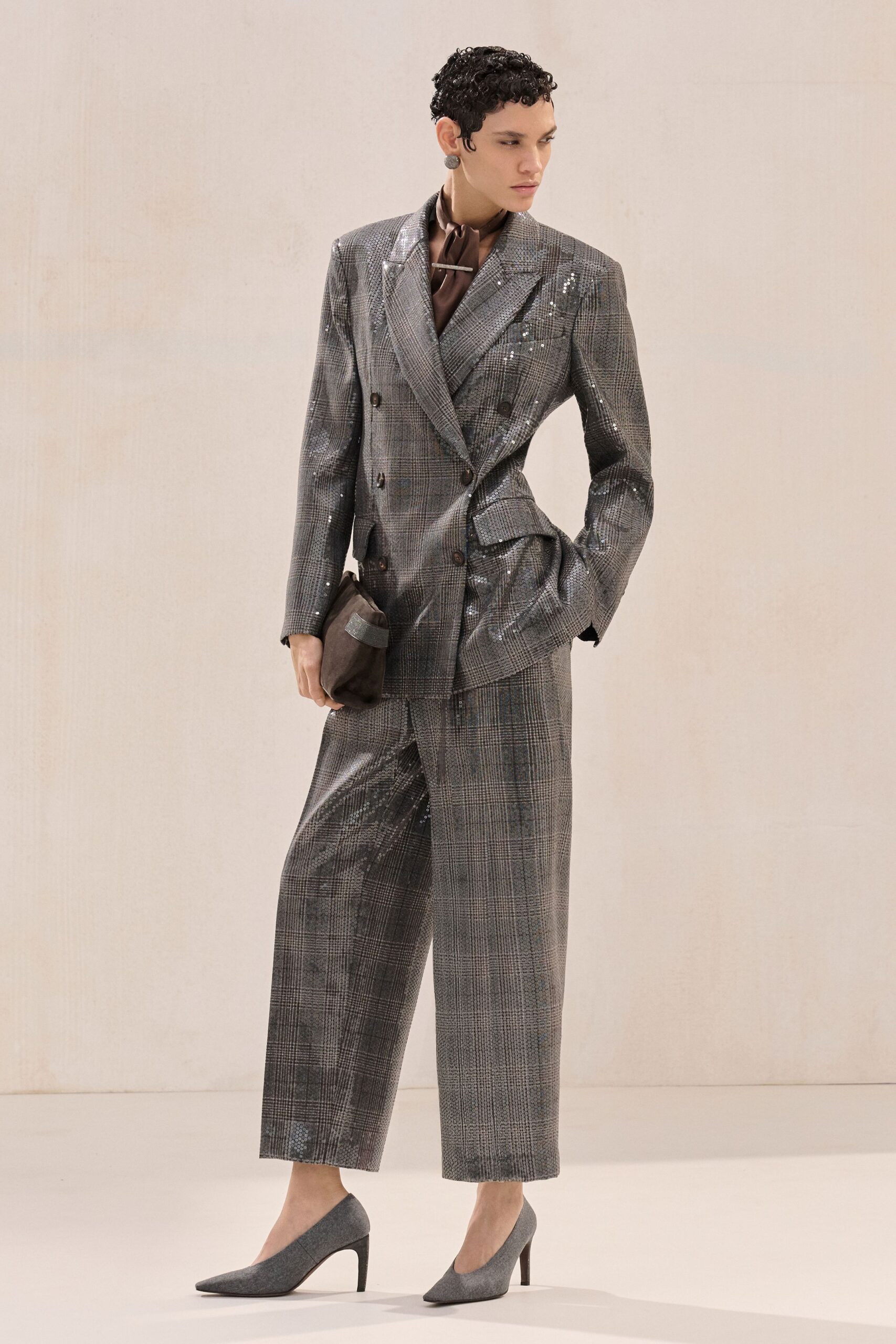 gray silk long-sleeve collared tailored checked shiny suit