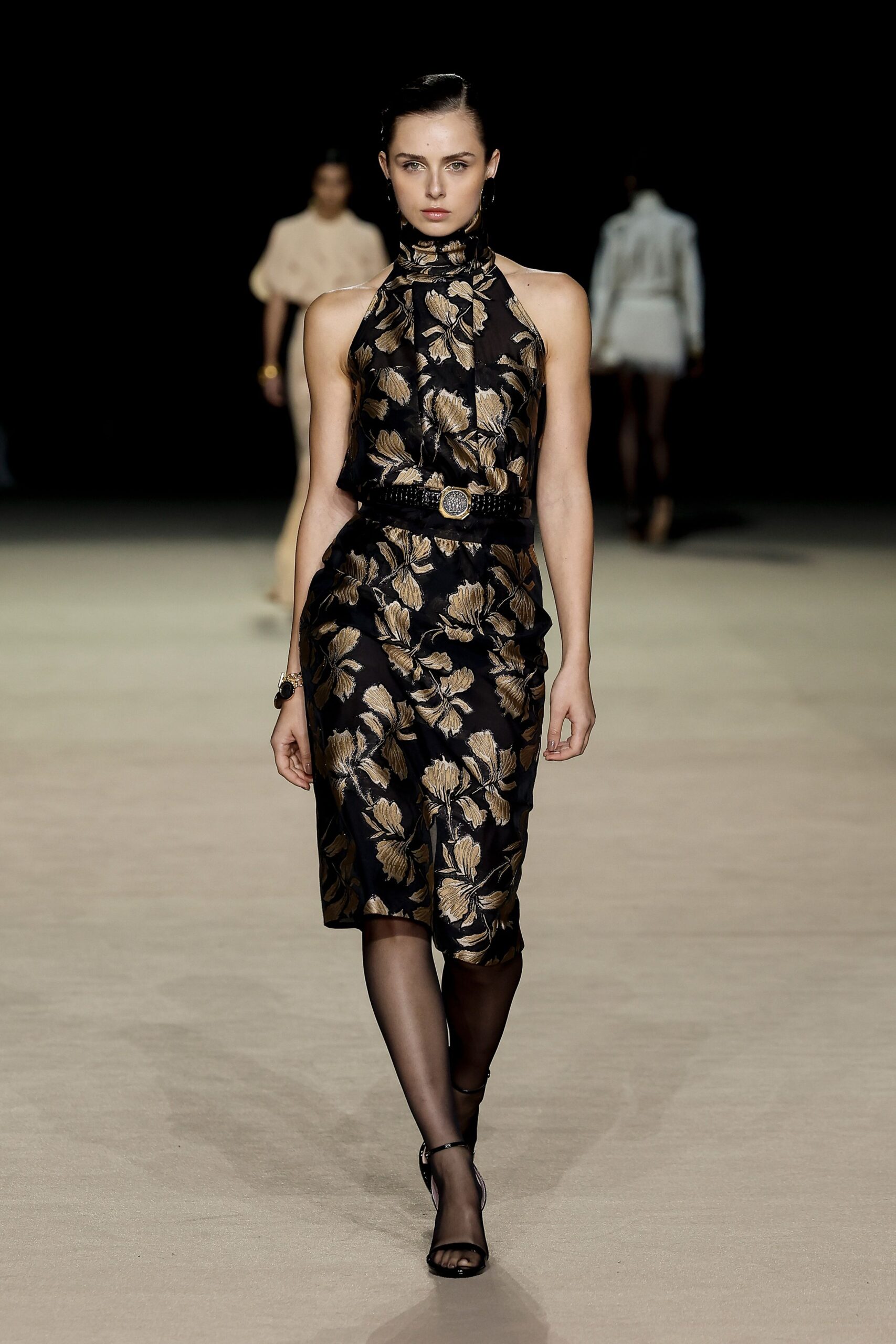 black gold floral midi dress with strappy heels