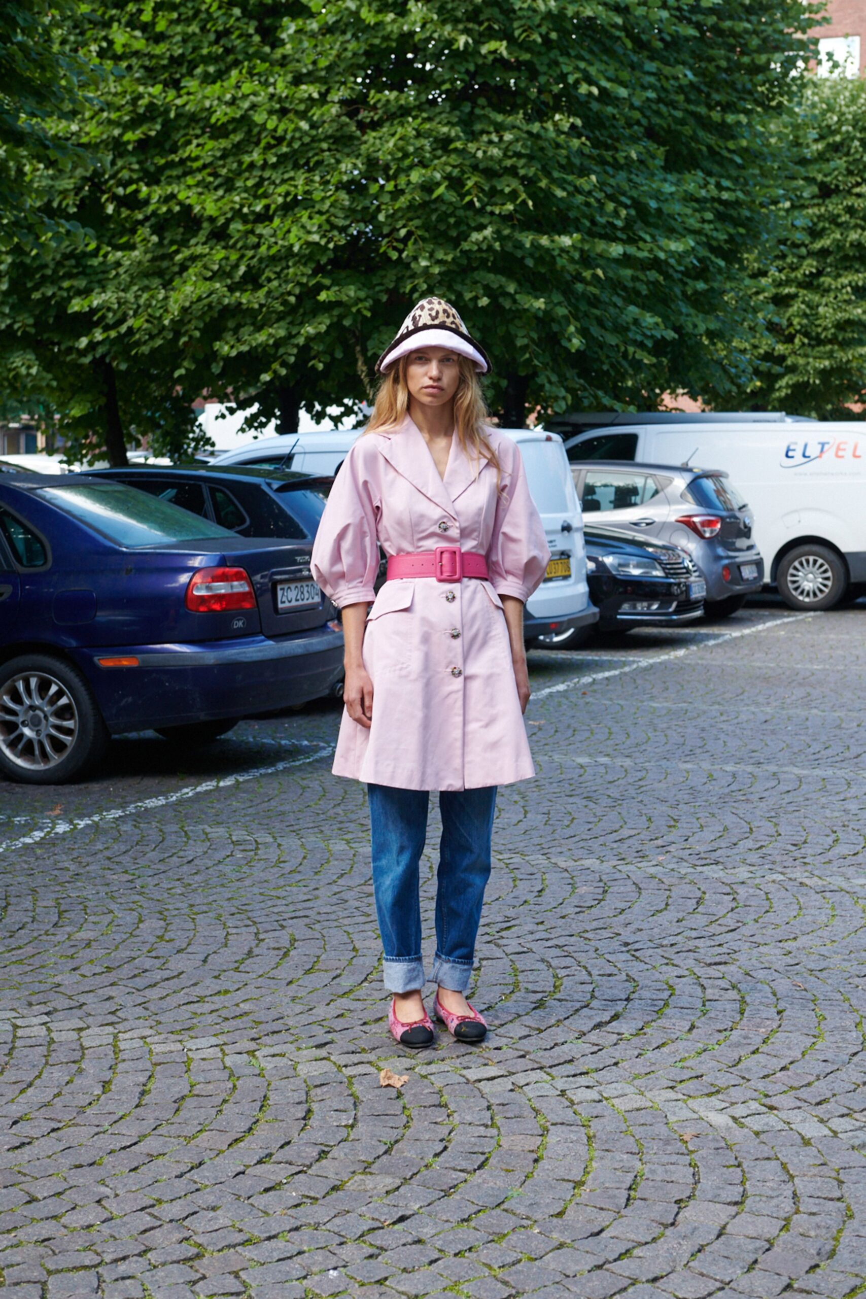 pink cotton long-sleeve collared fitted buttoned belted coat