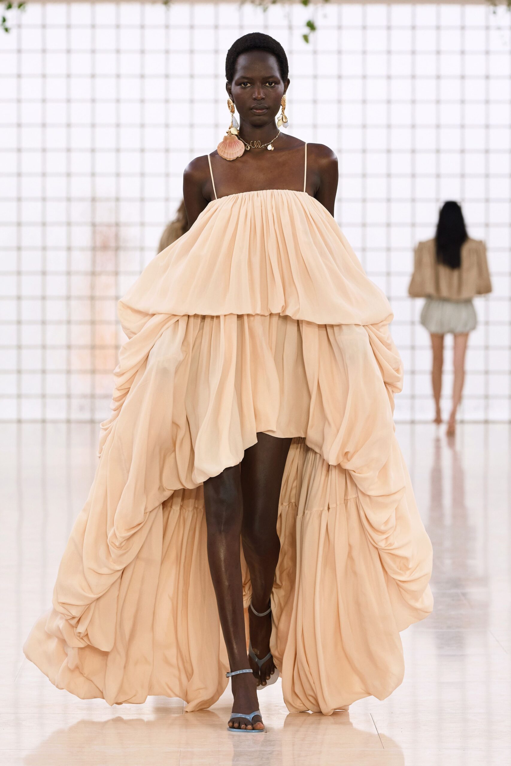beige chiffon sleeveless v-neck relaxed draped tiered gown