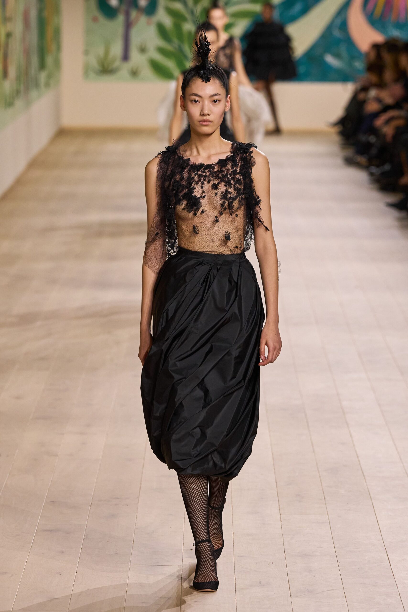 black mesh top and midi skirt