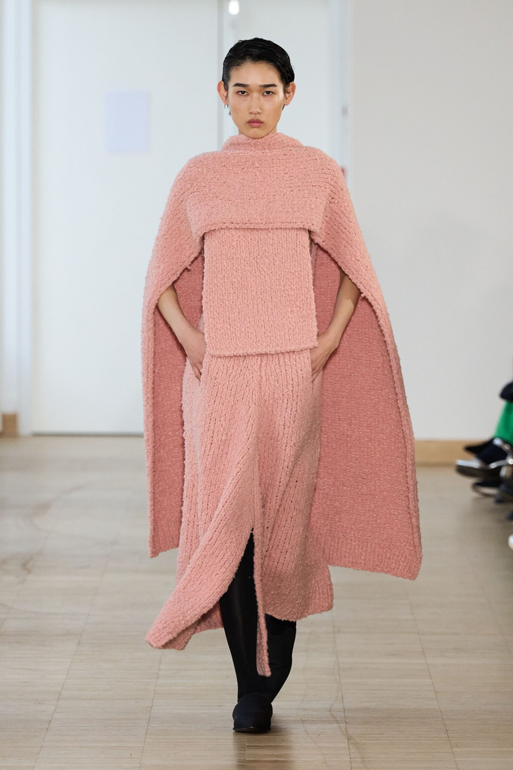 pink wool sleeveless fitted draped maxi dress