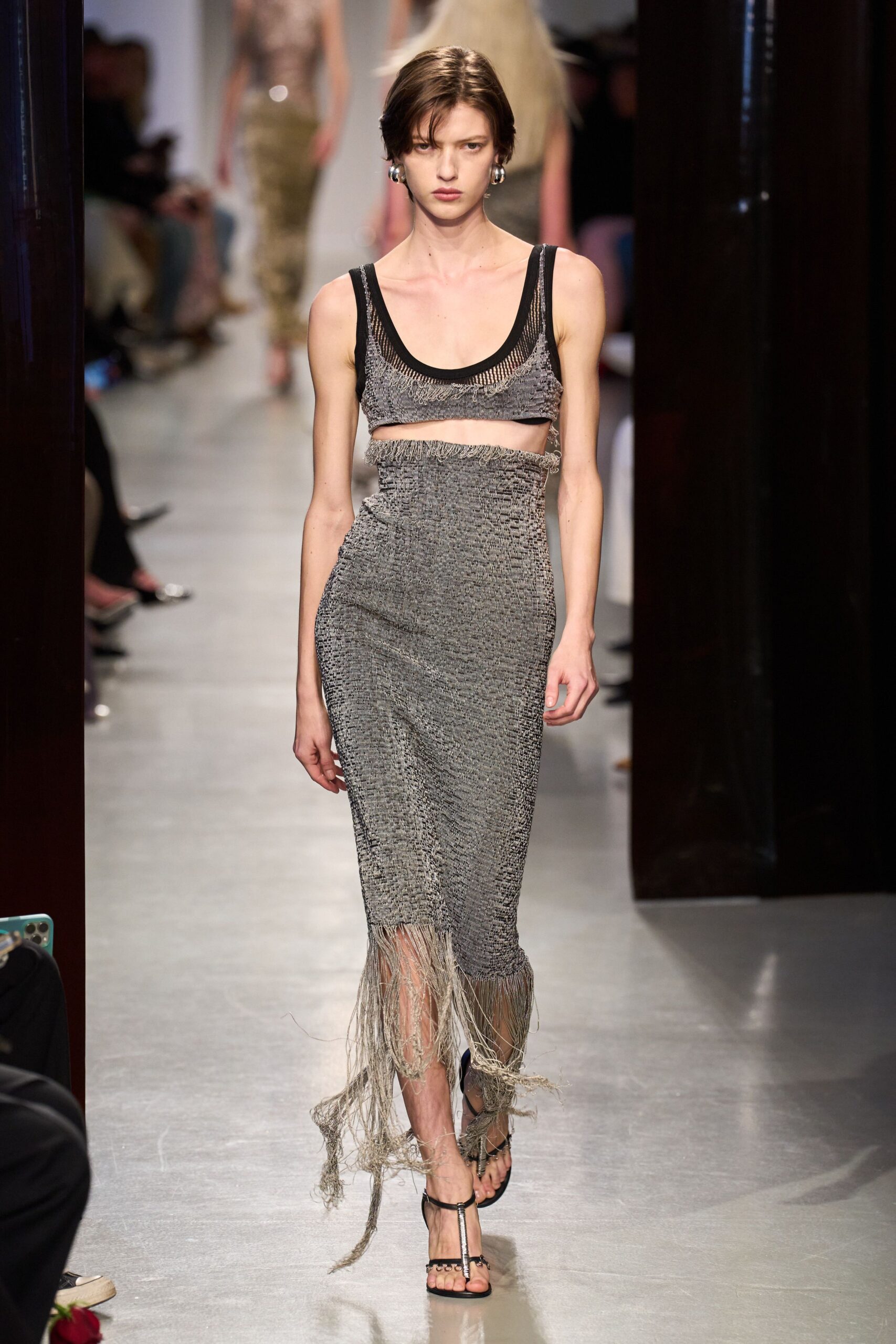 gray silk sleeveless v-neck fitted fringed dress