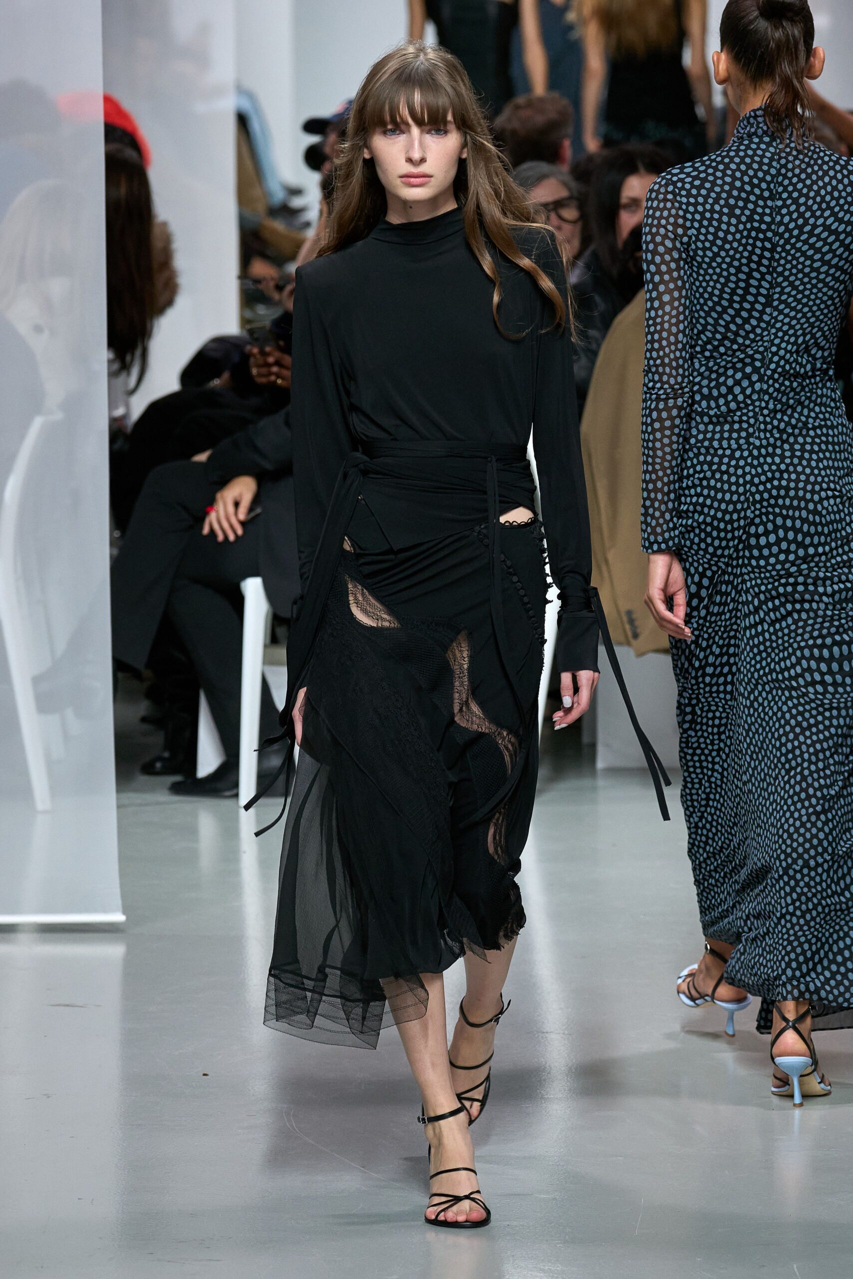 black silk long-sleeve high-neck fitted layered flowing dress