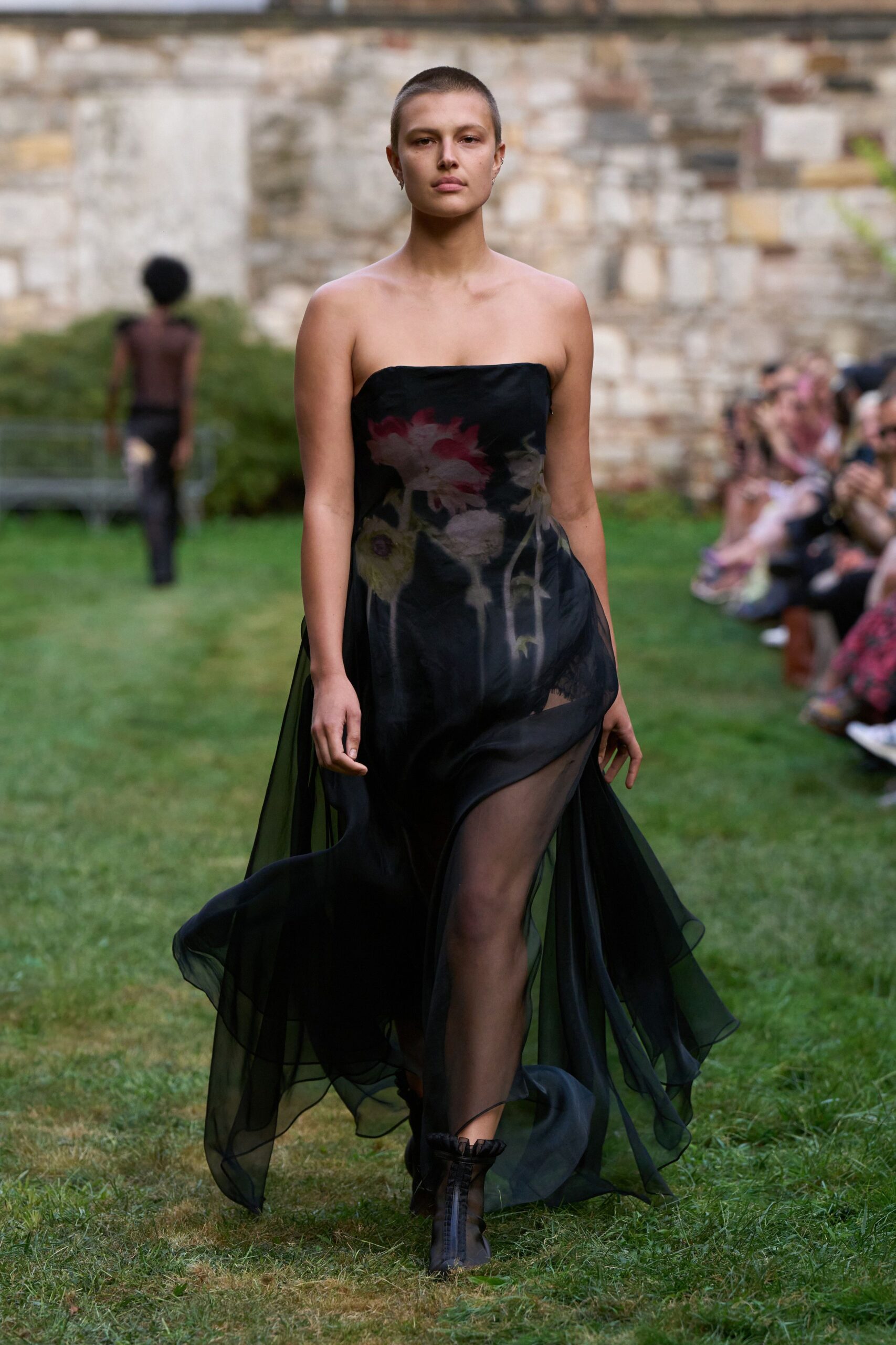 black silk sleeveless off-shoulder fitted floral gown