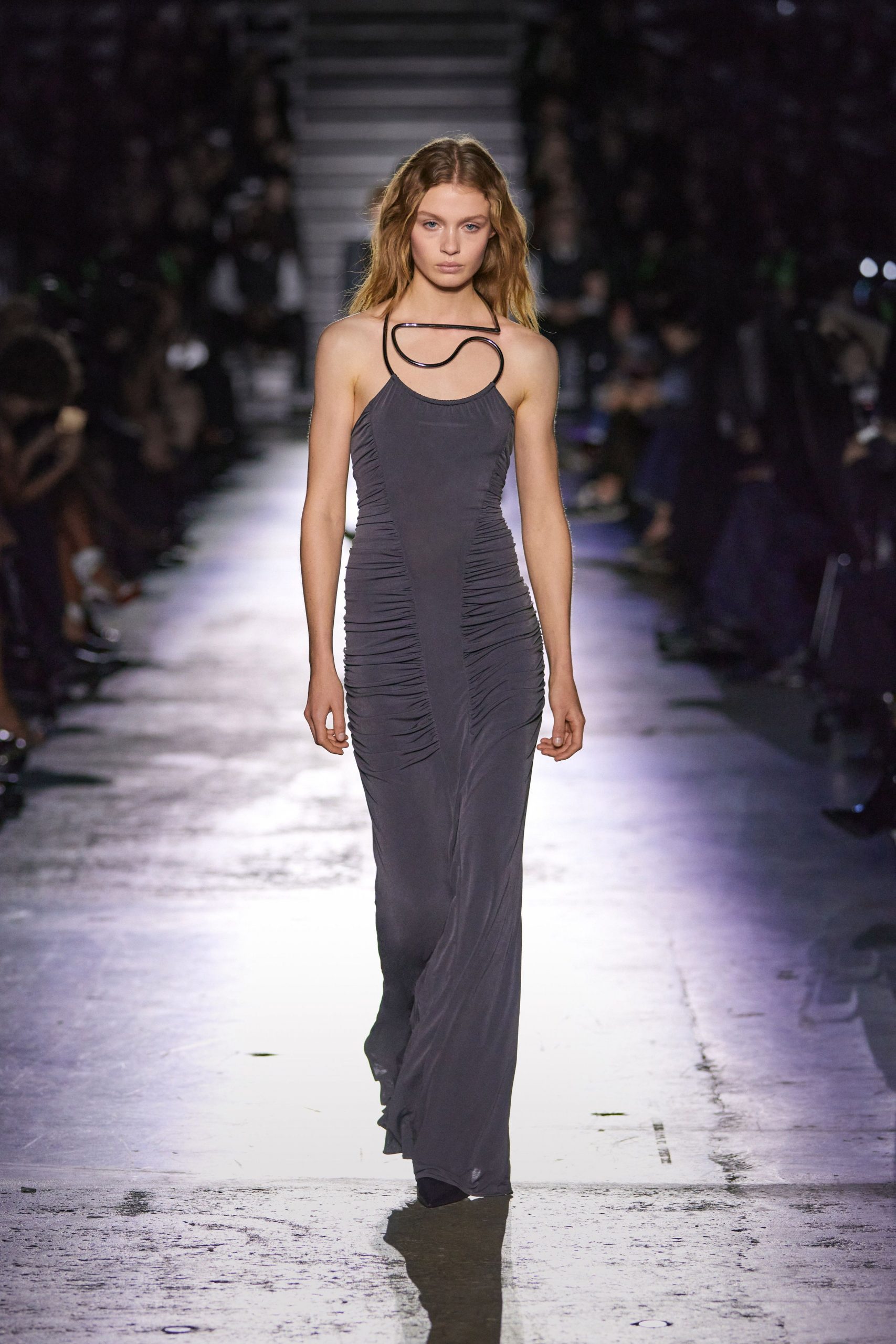 fitted gray silk gown