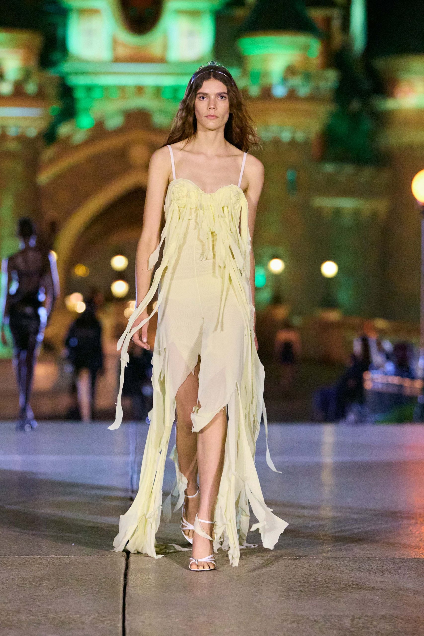 yellow silk sleeveless v-neck fitted fringed flowing dress