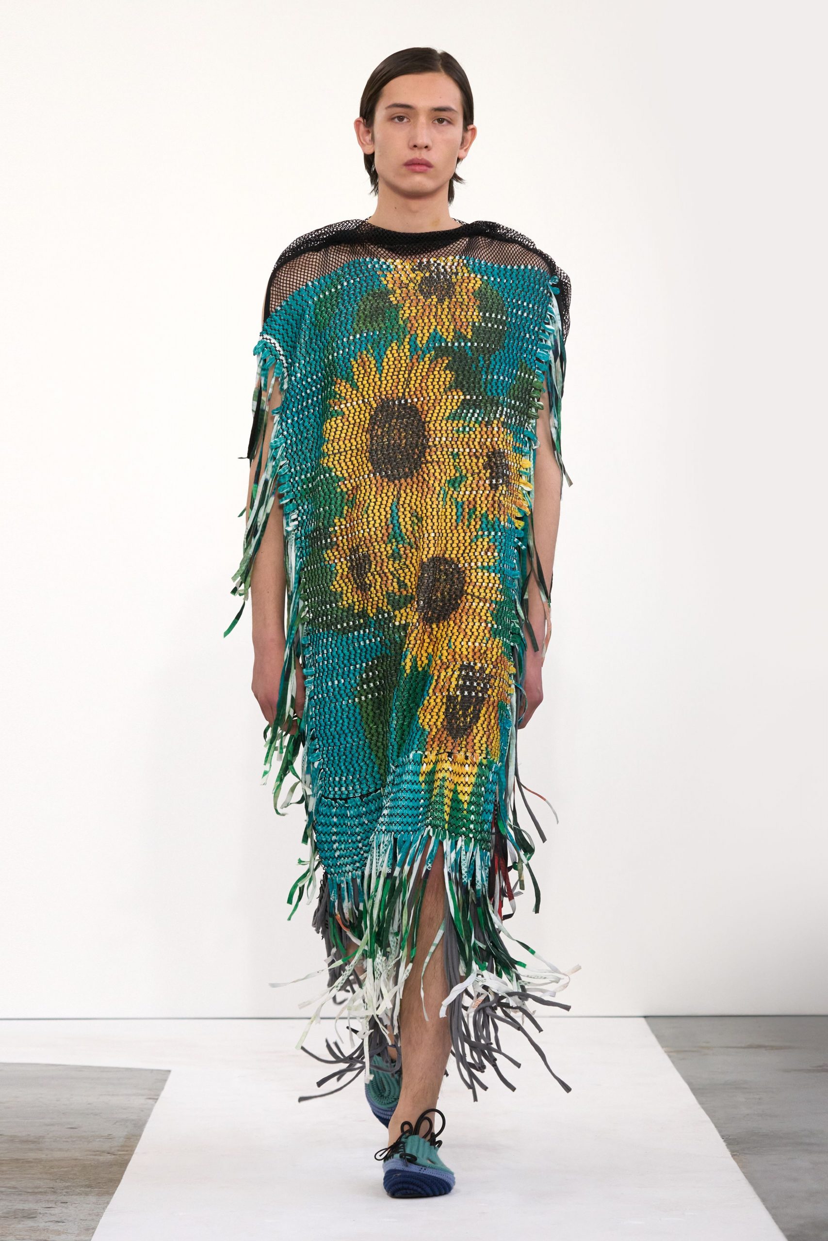 blue cotton sleeveless relaxed floral fringed maxi poncho